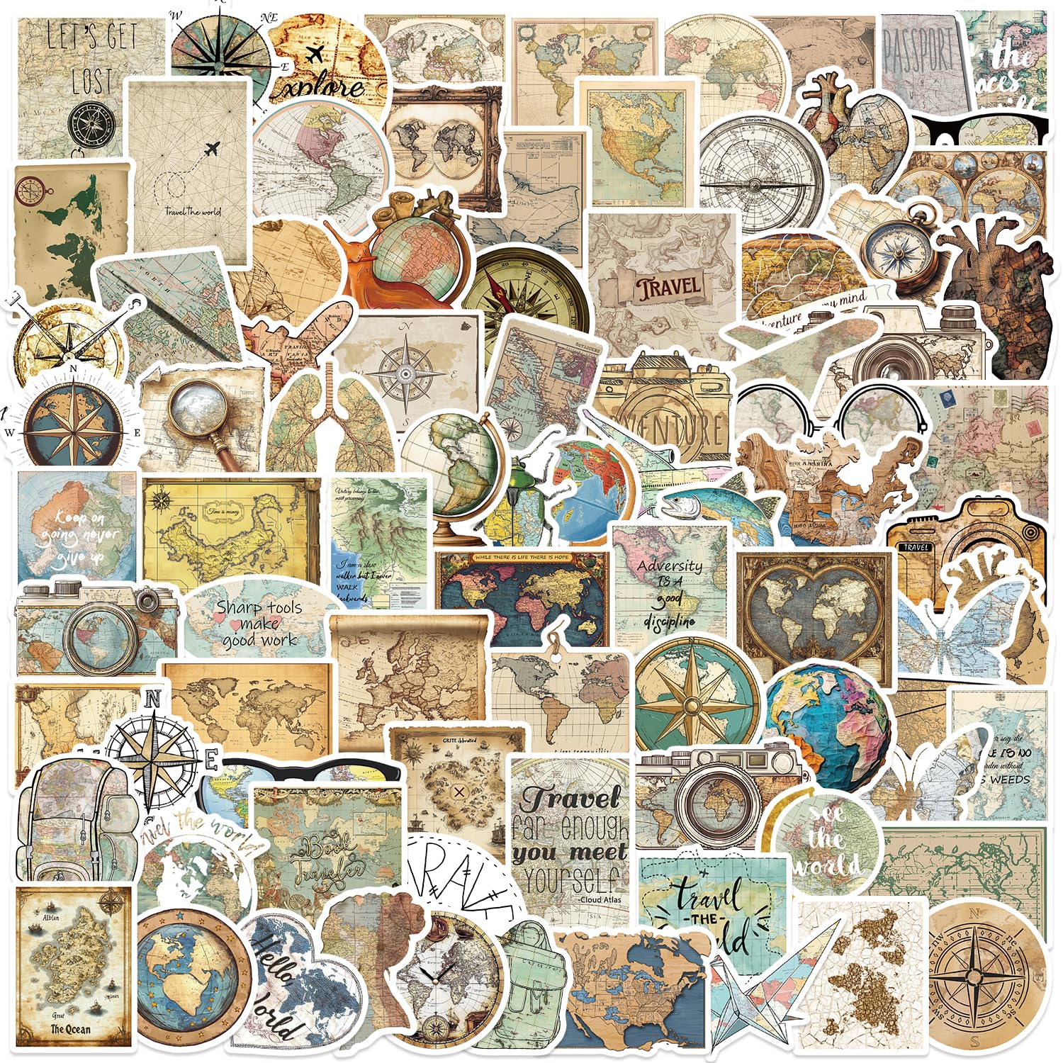 100Pcs Vintage Travel Map Stickers Pack for Laptop Luggage Scrapbooking Skateboard Guitar Water Bottle, Gift for Teens Kids Girls