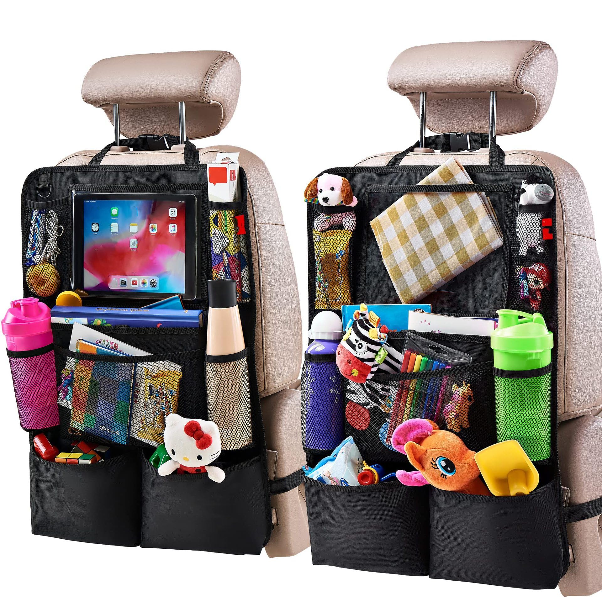 Organizador Asiento Coche 2 piezas Organizador Asiento Trasero tela Oxford 600D Impermeable 10 bolsillos Organizadores para Coche Kick Mat con Pantalla Táctil de 10 pulgadas Soporte de Mesa para Bote