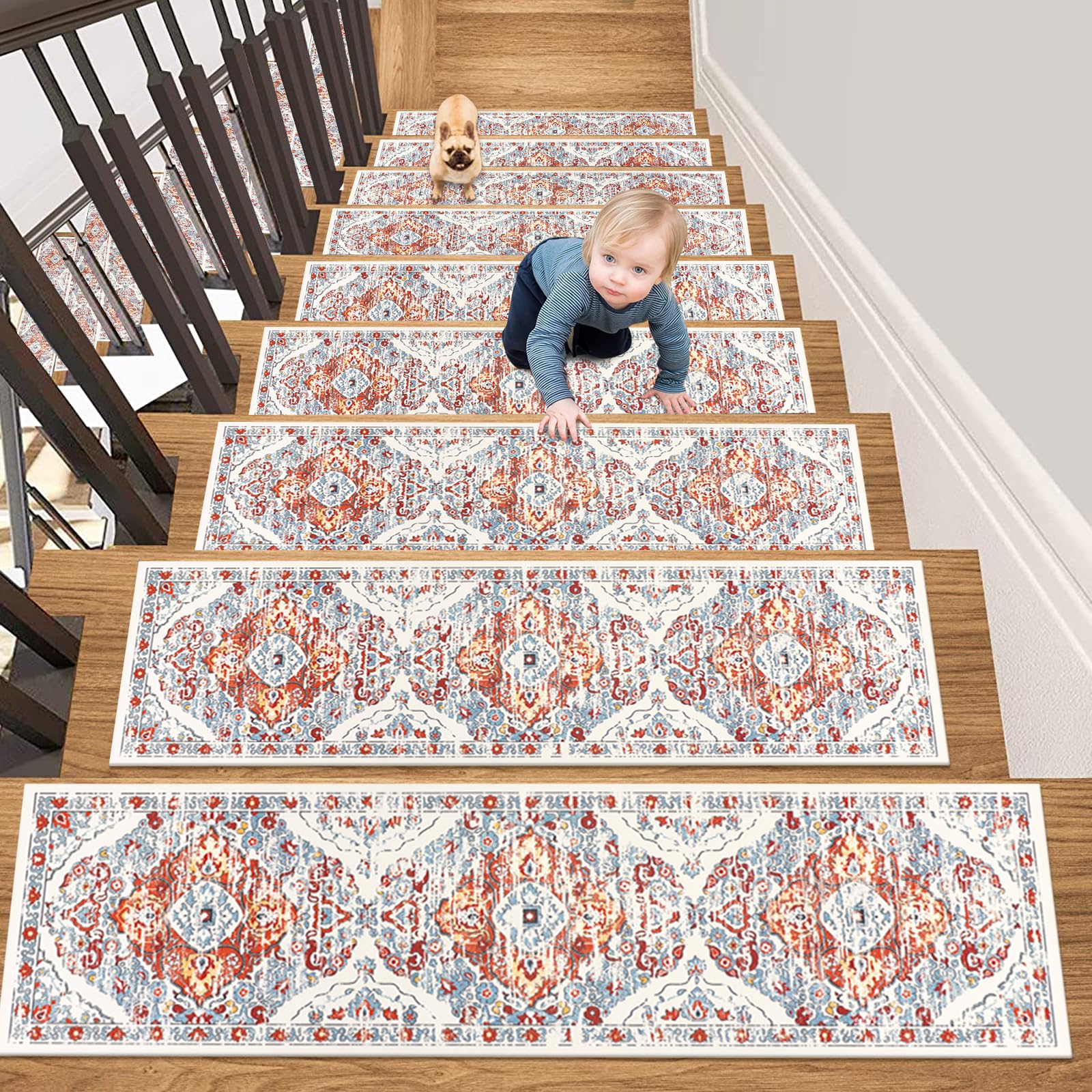 HEBE Non Slip Carpet Stair Treads for Wooden Steps Set of 15 Indoor, 8''X30'' Staircase Step Treads Reusable Rubber Stair Runner Mats for Dogs and Kids, Stairway Grip Step Treads Carpet
