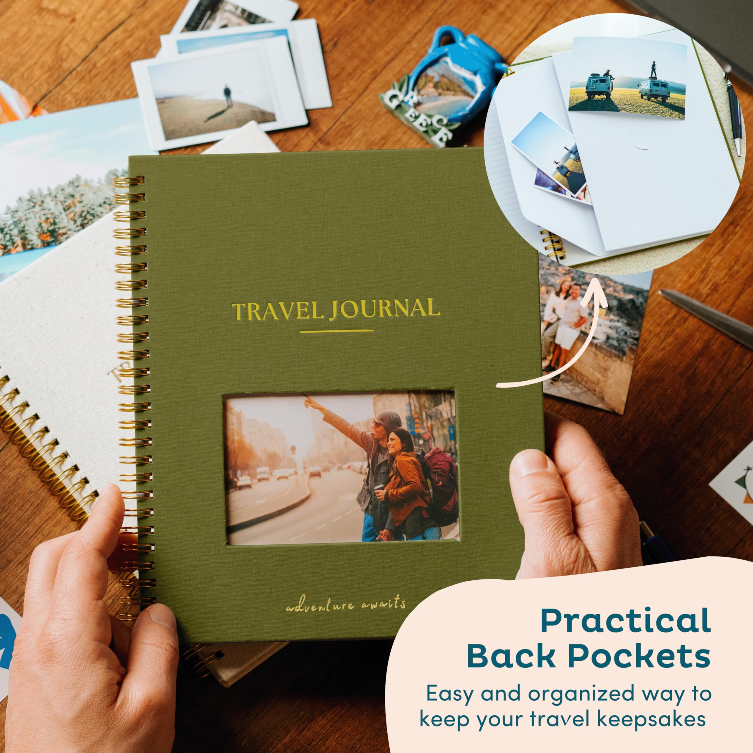 Nook Theory Diario de viaje personalizado para mujeres y hombres, cuaderno de viaje de lino, libro de aventuras con indicaciones, perfecto para regalos de viaje (Sage 2)