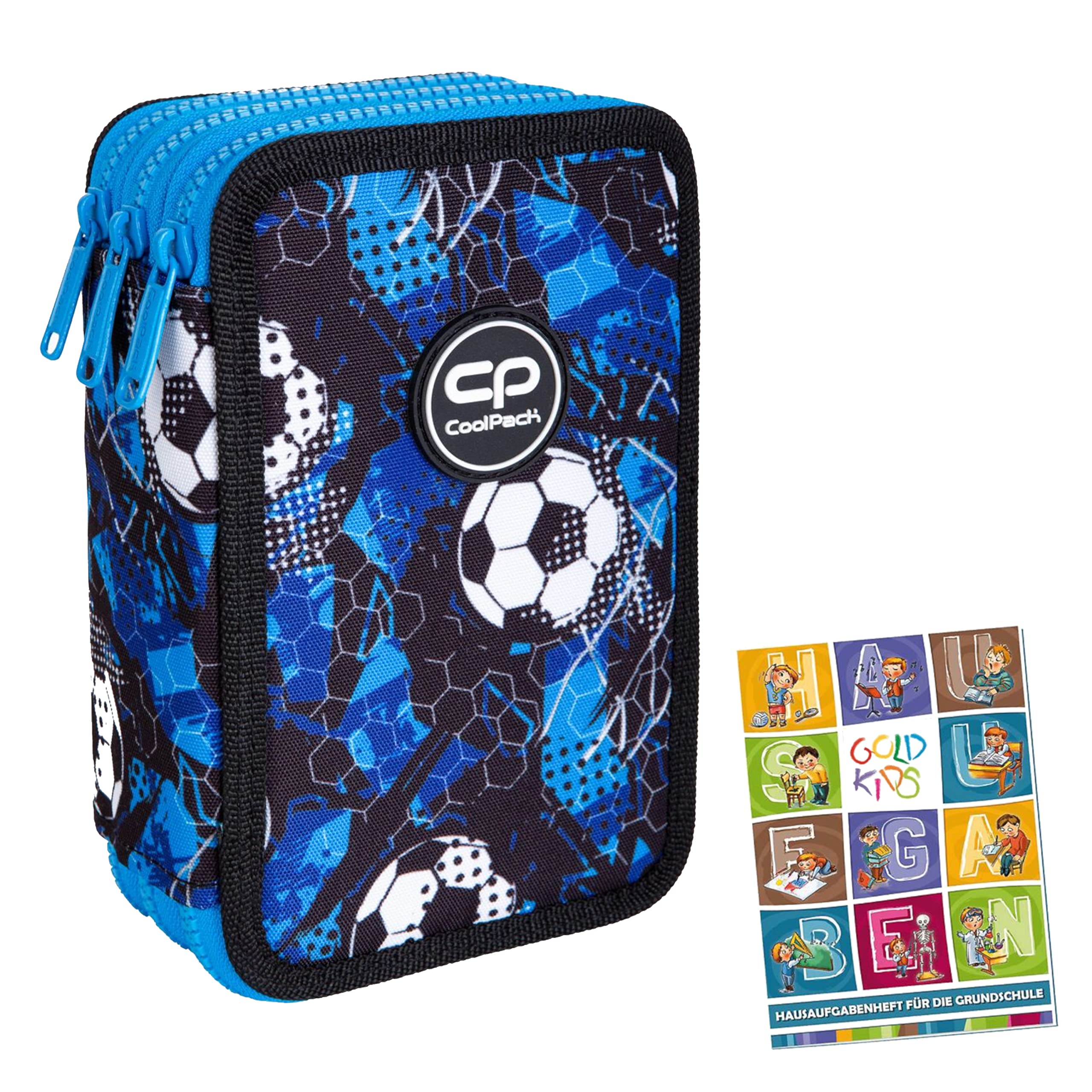 Goldkids Federtasche 3-fache Federmappe Federmäppchen 46-teilig gefüllte Schüleretui Stifte und Pinsel inkl. Aufgabenheft Federbox Etui Stiftetasche Schlamper-Etui Schul-Etui Soccer Fußball