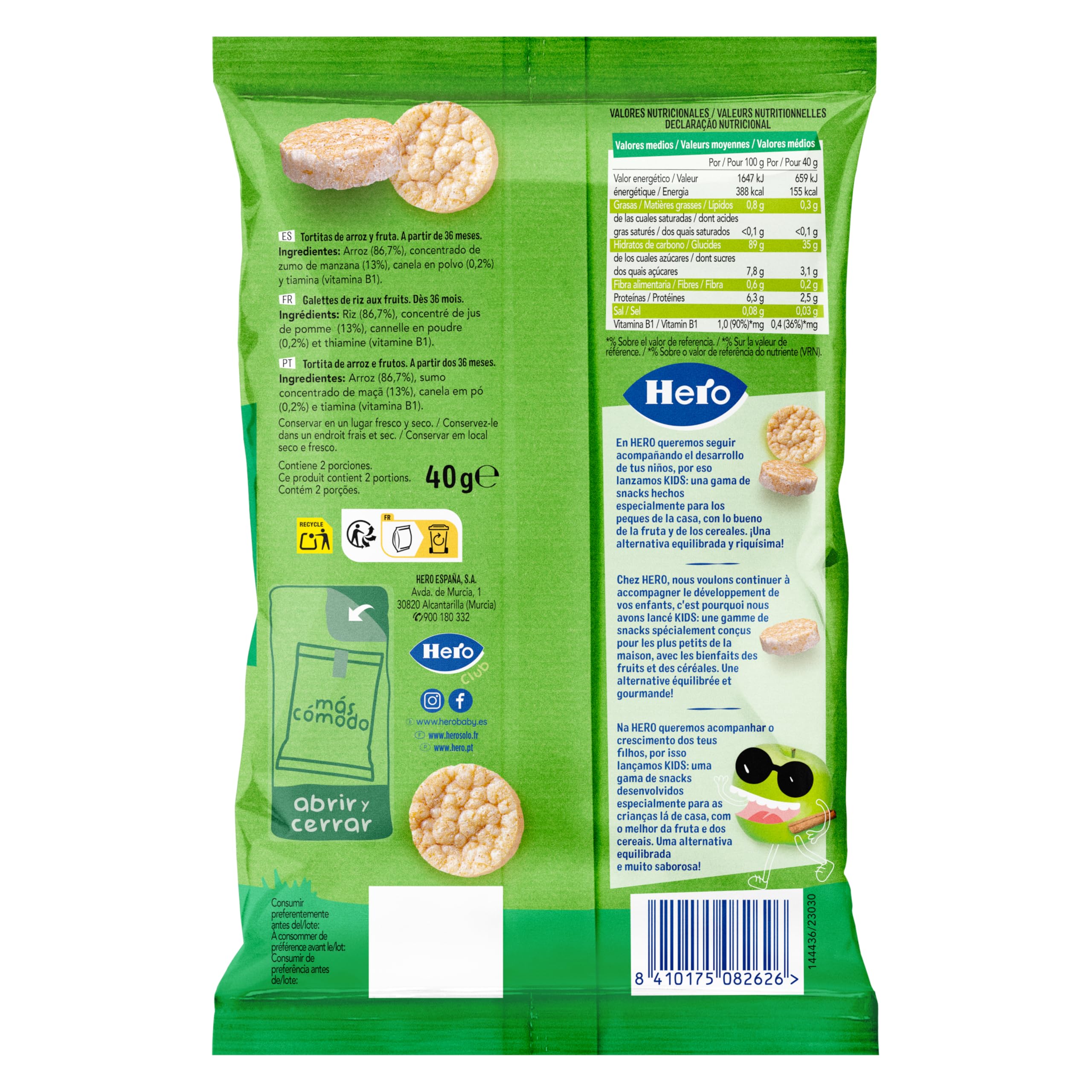 Hero - Tortitas de Arroz, Manzana y Canela, Sin Sal Añadida, Sin Aditivos, Sin Aceite de Palma, Sin Gluten, Snack Infantil Apto para Niños Desde los 36 Meses - Pack de 6 x 40 g