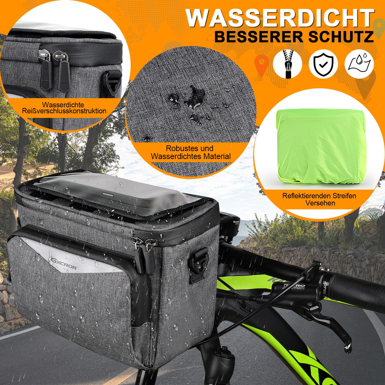 GXCROR Borsa da manubrio per bicicletta, 5,5 l, con touchscreen, impermeabile, per tutti i telefoni cellulari, D27GXC