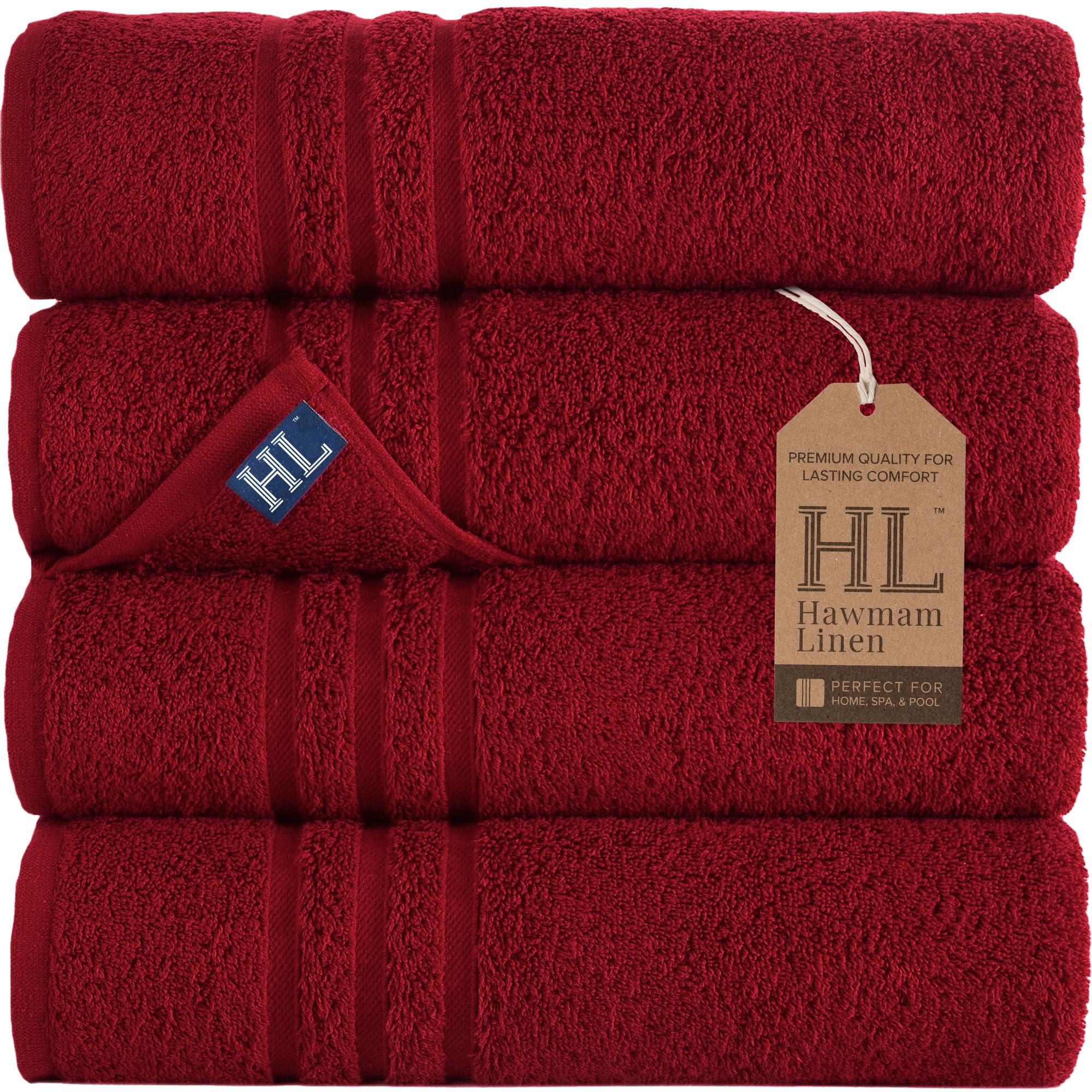 Hawmam Bath Linen Towels Large, Turkish Cotton, 4 Pack, Red