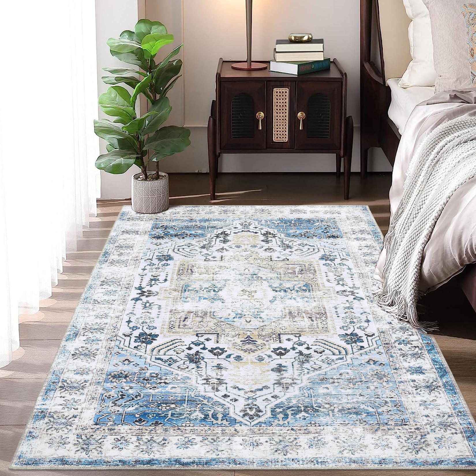 Area Rug 4x6 Washable Rug Vintage Print Rug Indoor Floor Cover Distressed Carpet Thin Rug Foldable Chenille Rug for Home Bedroom Entryway, Blue, 4' x 6'