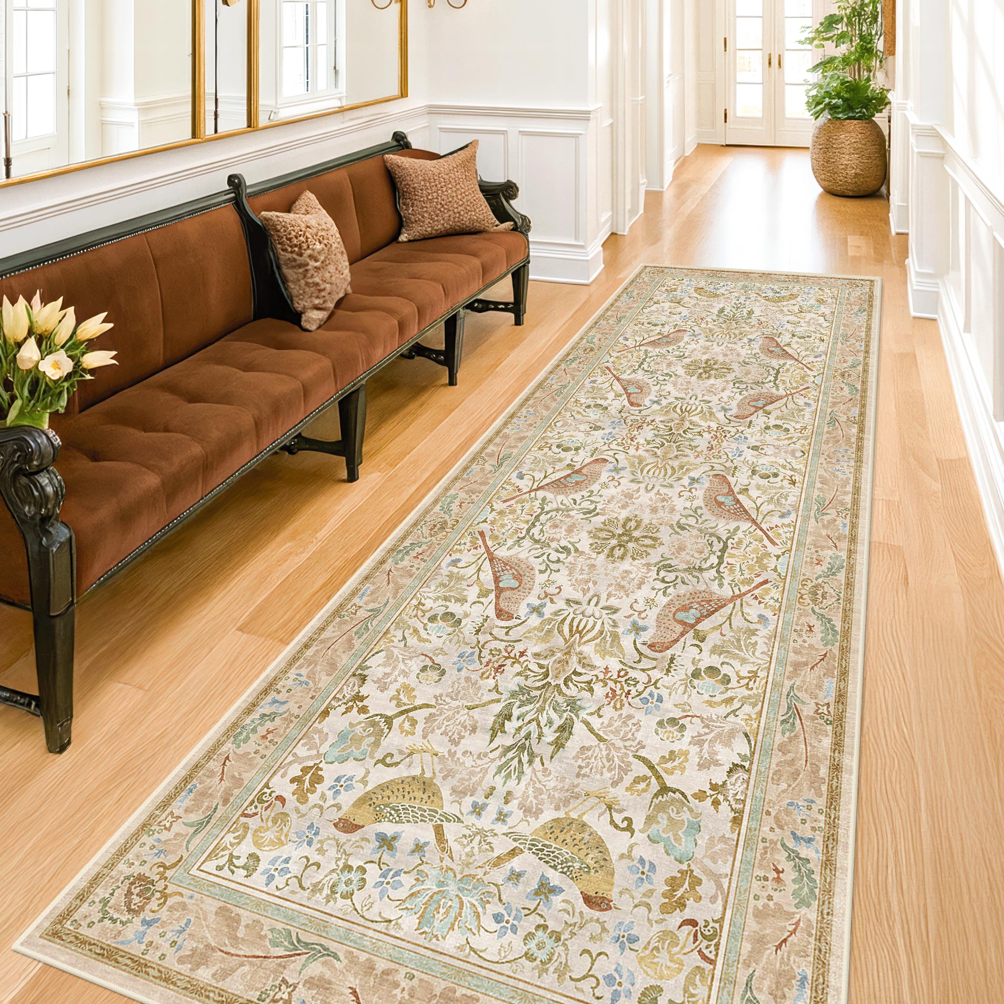 Hazo Haus Beige Botanical Runner Rug