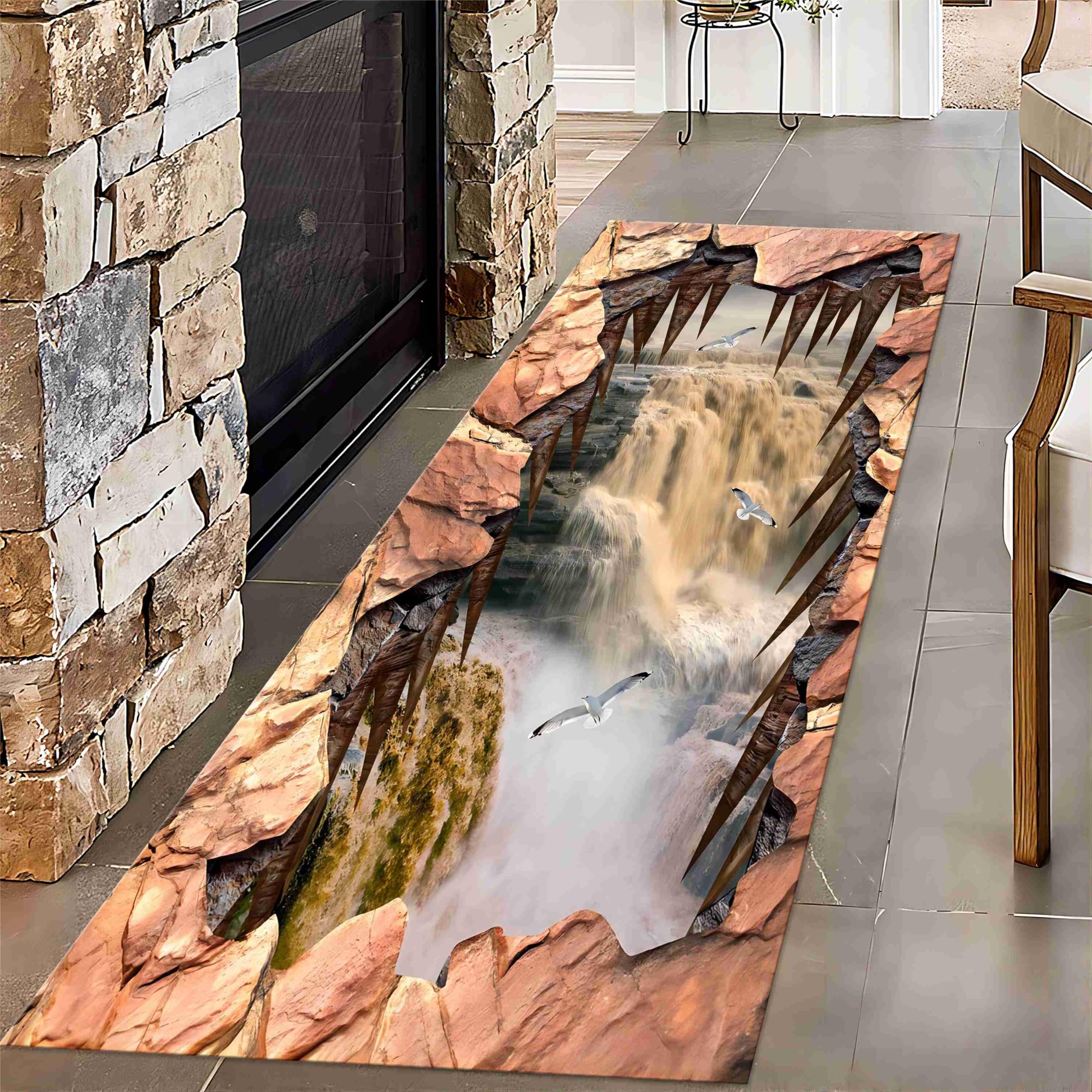 Houient Long Narrow Runner Rugs, 3.3x7ft, Corridor Carpet Printed with Realistic Patterns of Flying Cranes Waterfalls Rock and Spikes, 3D Optical