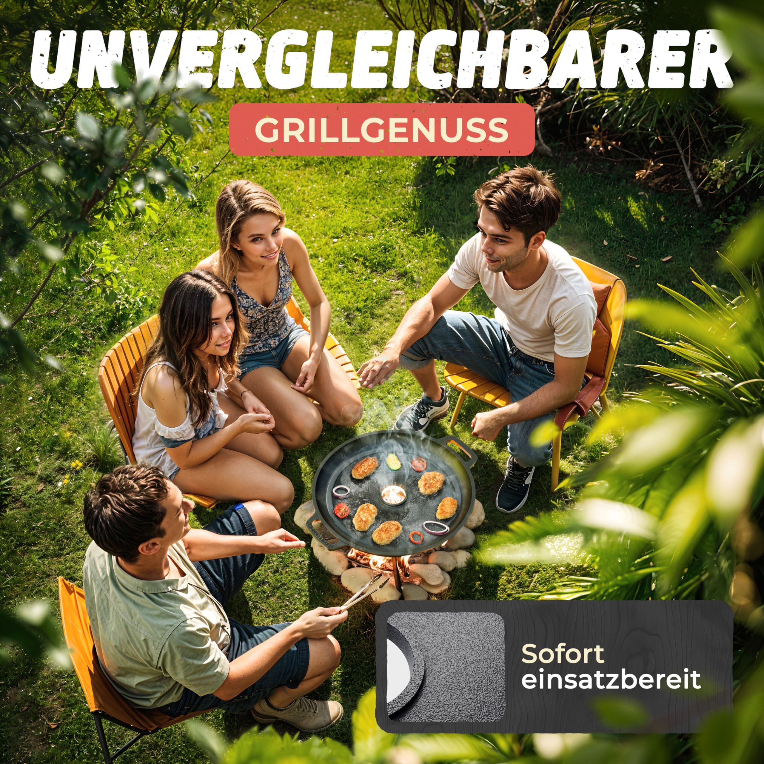Feuerplatte aus Gusseisen mit Tropfschutz. Ø35cm. Grillplatte Plancha ideal für Raketenofen u.v.m. Outdoor BBQ-Platte mit Tragegriff. Grill Zubehör. Gusseisenpfanne. Stärke 5mm Loch Ø4cm Drei Eichen