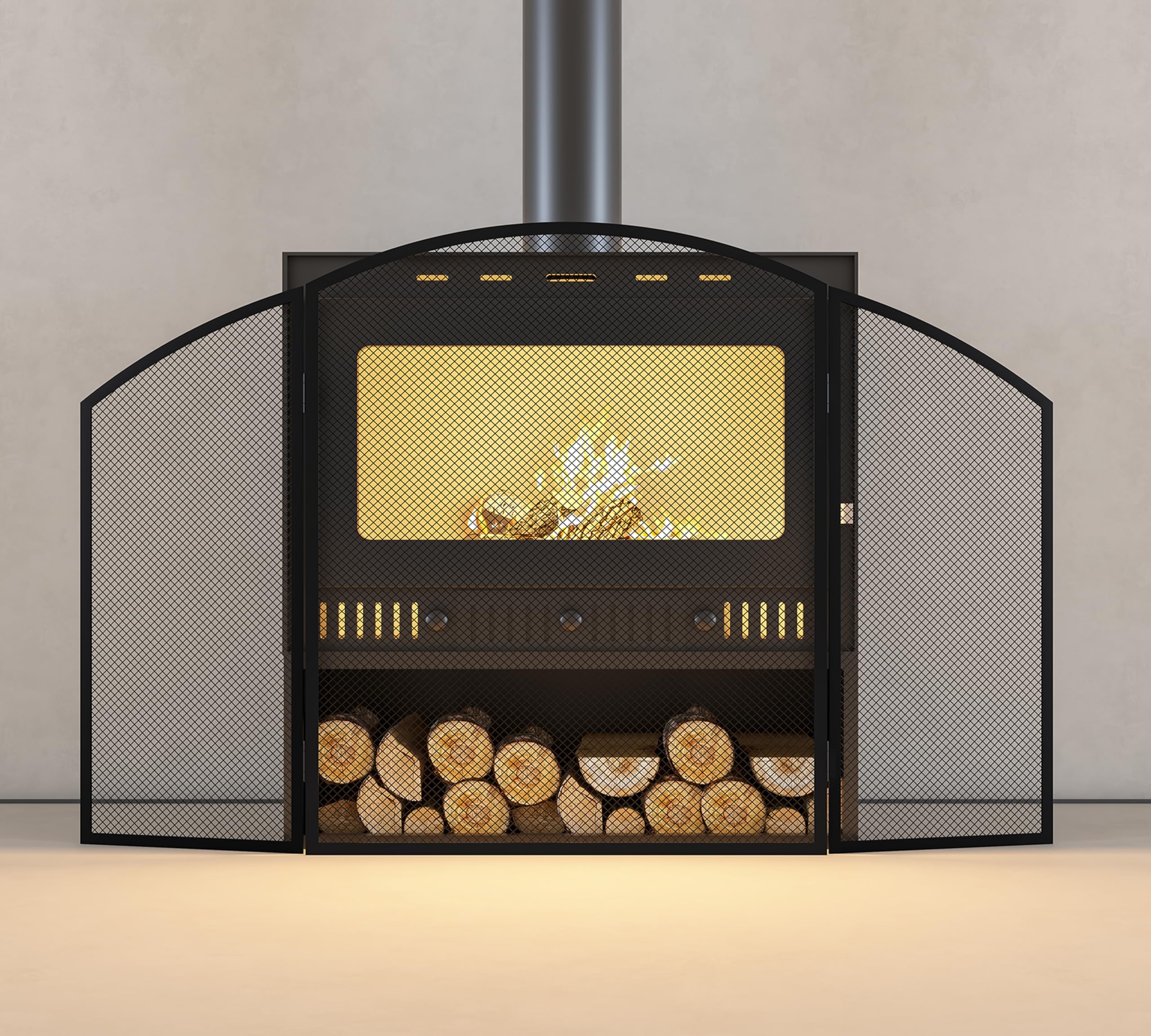 Pare-étincelles 3 panneaux fer plat 96,5 cm x 61 cm revêtement poudre noire cheminée