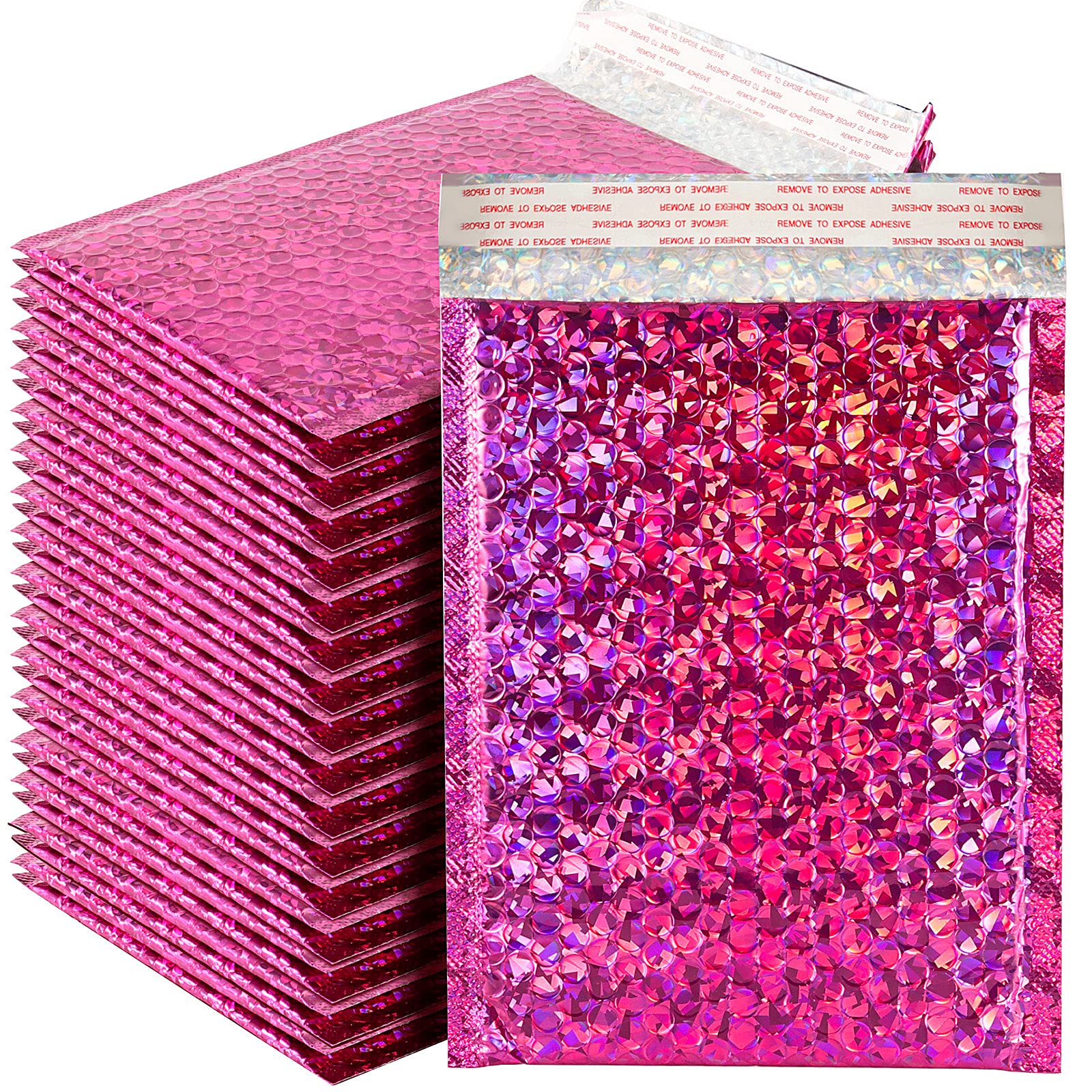SEUNMUK 50 Pieces Holographic Metallic Bubble Mailers Pink, 11 x 7 Inch Self-adhesive Padded Mailing Envelopes, Rose Red Cushion Envelopes for Mailing