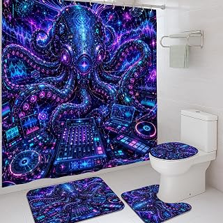 Octopus Shower Curtain Sets, Futuristic Cosmic Sound Waves Music Equipment Violet Polyester Waterproof Bathroom Sets with Shower Curtain and Rugs for Home Bath Toile Hotel Decor 72x72 Inch