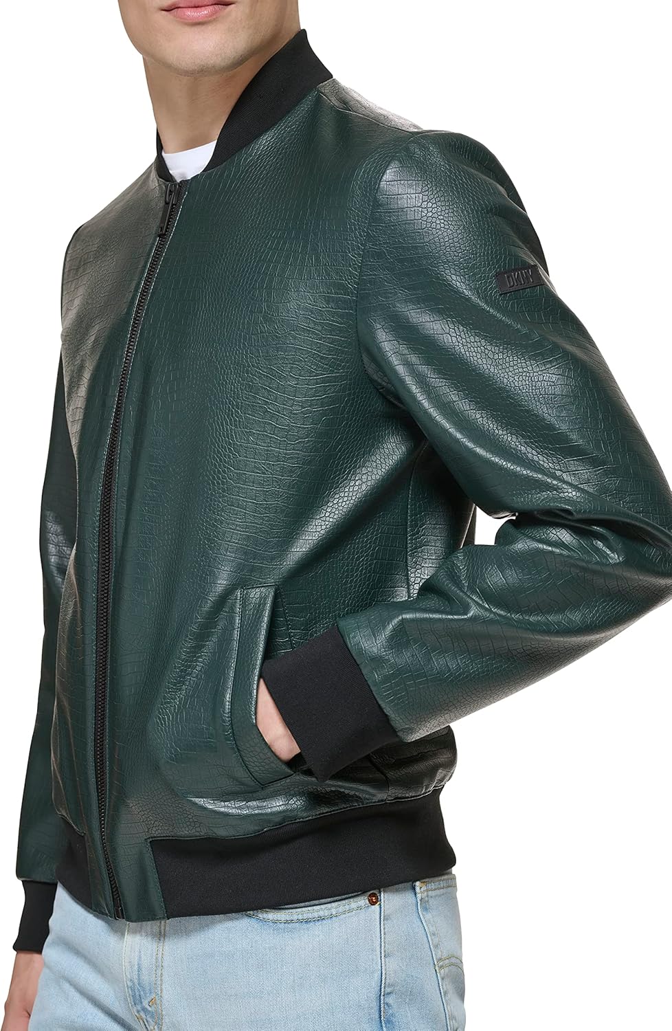 DKNY Men's Faux Leather Varsity Bomber Jacket - Image 7