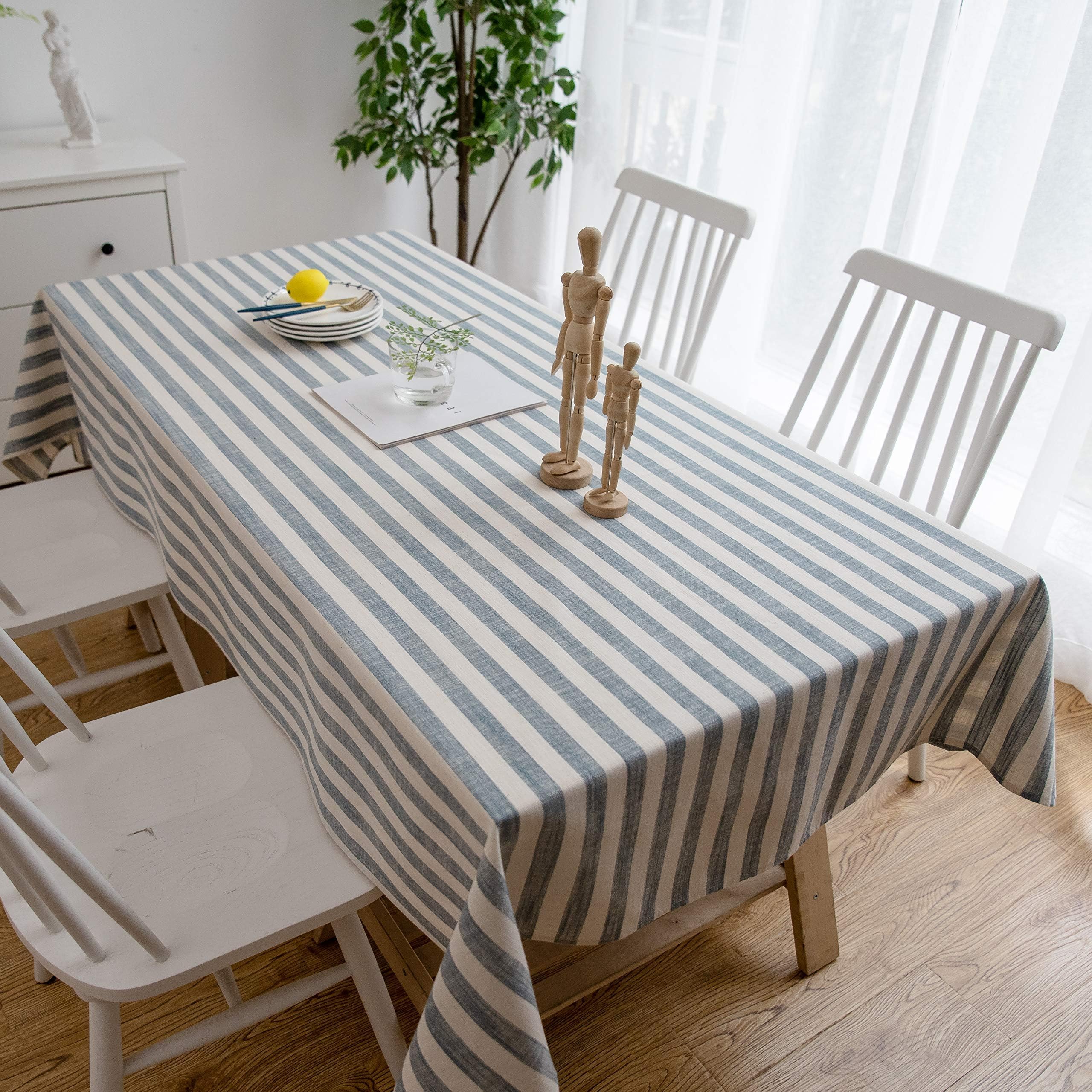 Aquazolax Boho Tablelcoth Rectangular Blue and White Striped Table Cloth 84 Inches Long for 6 Foot Rectangle Dining Kitchen Coffee Tables, 54 Wide, Blue