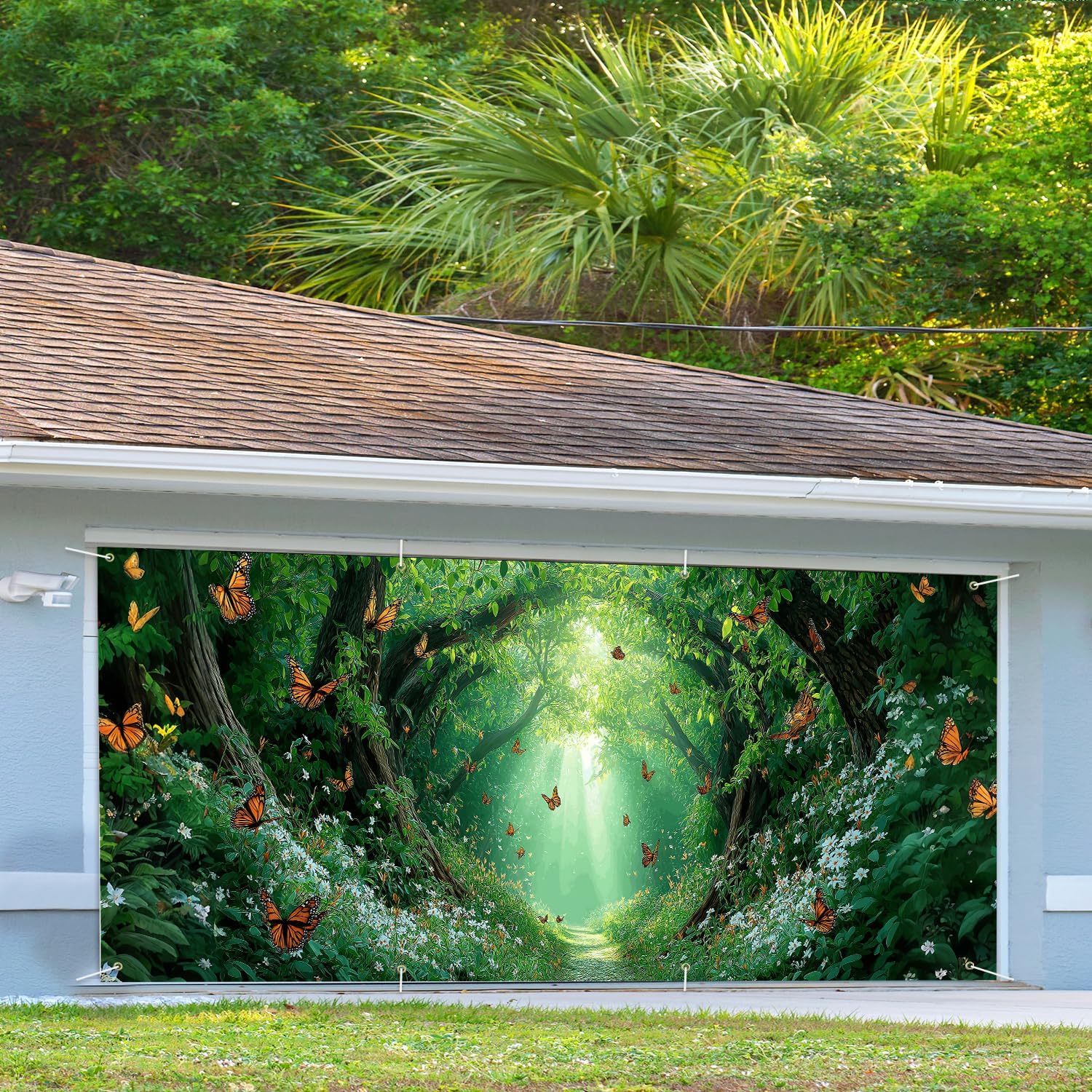13x6 ft Enchanted Forest Path Garage Door Banner - Sunlit Tree Tunnel with Butterflies & Light Rays Backdrop, Hanging Nature Decor for Garden or Patio, Serene Outdoor Wall Art