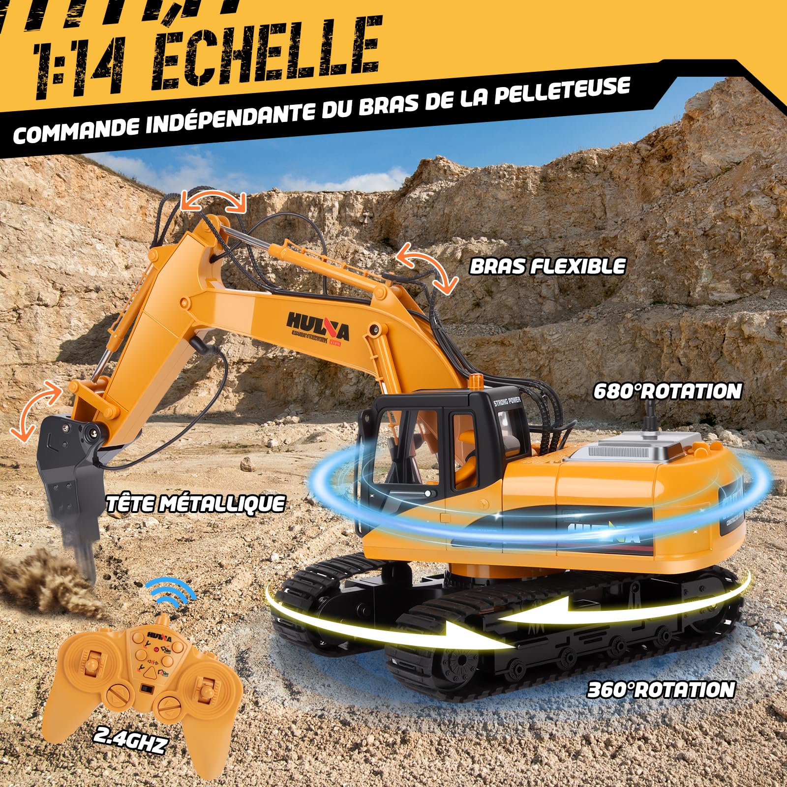 FORMIZON Godet Marteau Pince 3-en-1 Pelleteuse Télécommandée Enfant Jouet Garcon 8+ Ans, 1:14 Échelle 2.4G Hz Pelle Hydraulique Cadeau Noël Garcon 8-12 Ans Tractopelle Telecommandé