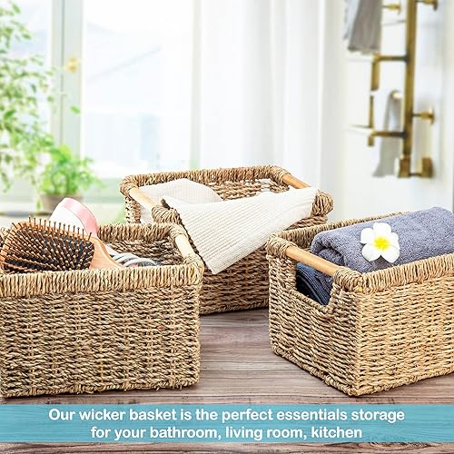 Miniatura 8 de Cestas pequeñas de mimbre para organizar el baño, cestas de hierba marina para almacenamiento, cesta de almacenamiento de mimbre con mango de