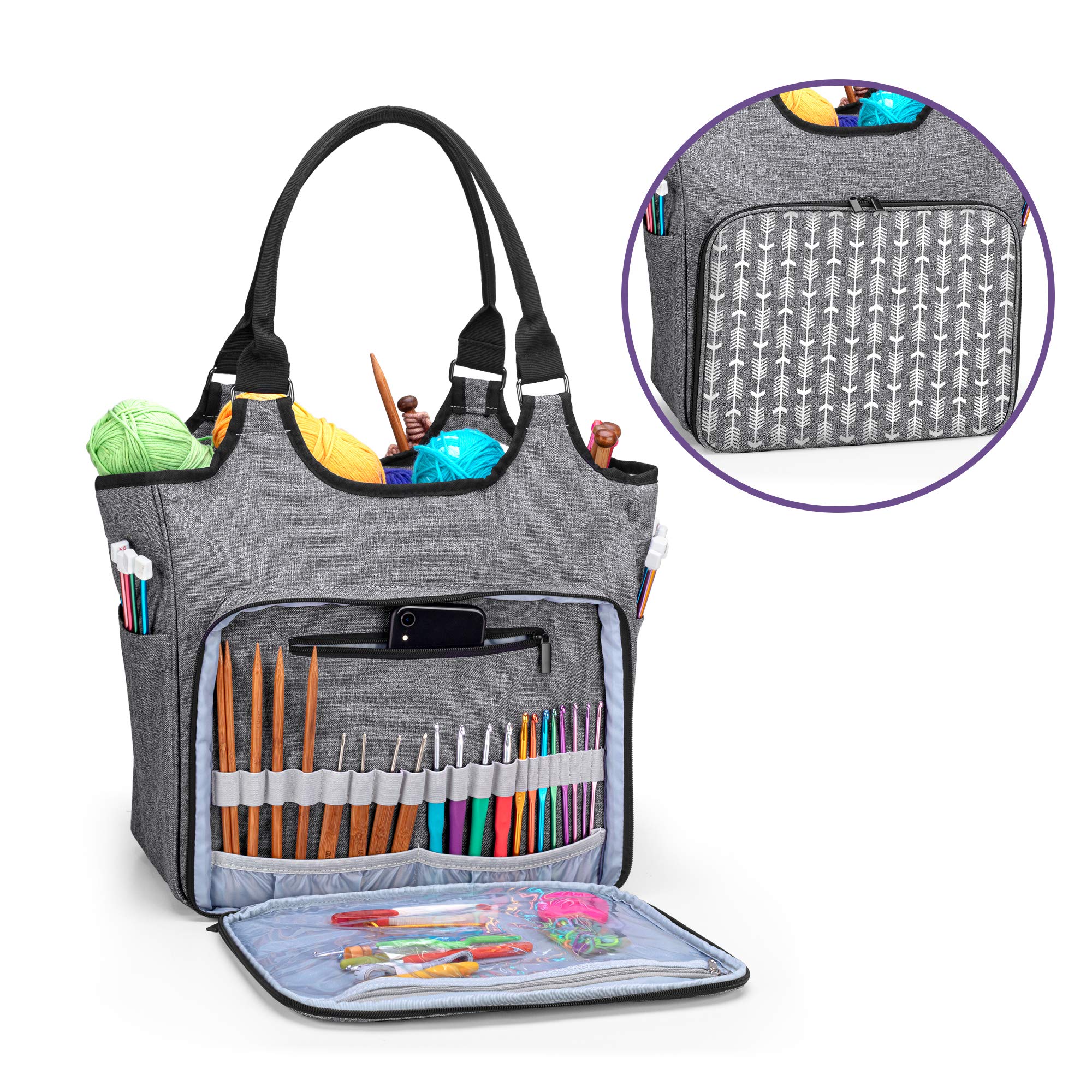 Yarwo Stricktasche zur Aufbewahrung von Wolle, Tasche für Wolle, Aufbewahrungstasche für Häkelnadeln Sets und Stricken Zubehör, Grau mit Pfeilmuster(PATENT ANGEMELDET) | 2 Hauptfächer mit 4 Taschen, 4 Ösen für Garn, Fronttasche, Rücktasche, 2 Seitentasche