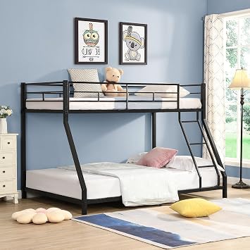 Prohon Metal Bunk Bed Twin Over Full Size with Enhanced Upper-Level Guardrail,Removable Stairs, Heavy Duty Sturdy Frame Low Bunk Bed Space-Saving Design Bunkbeds for Teen Adults, Black