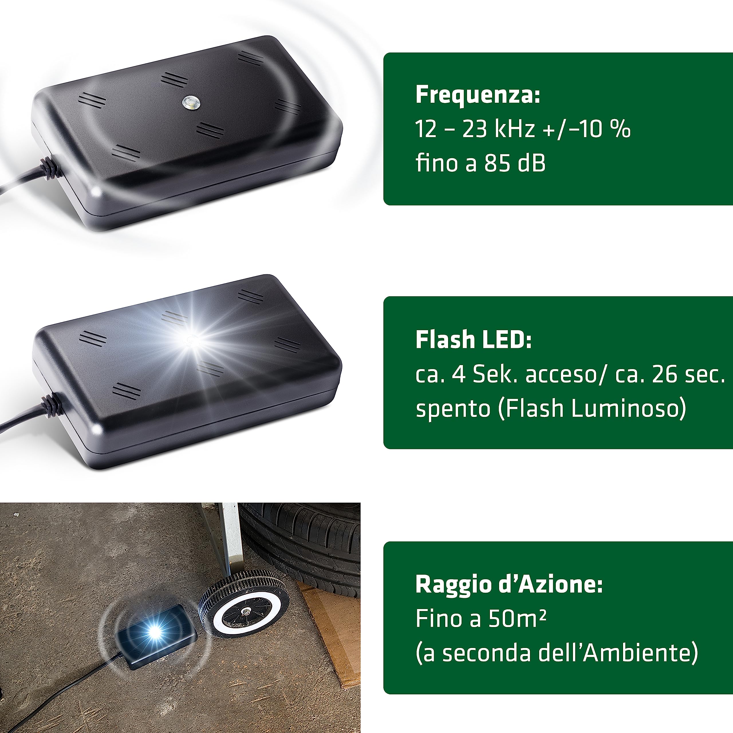 Gardigo® Repellente Martore da Interno con Ultrasuoni | Protezione Antiroditori Casa, Garage, Fienile, Soffitta | Collegamento 230V - Luce Flash LED | Frequenze Variabili, Anti Martora