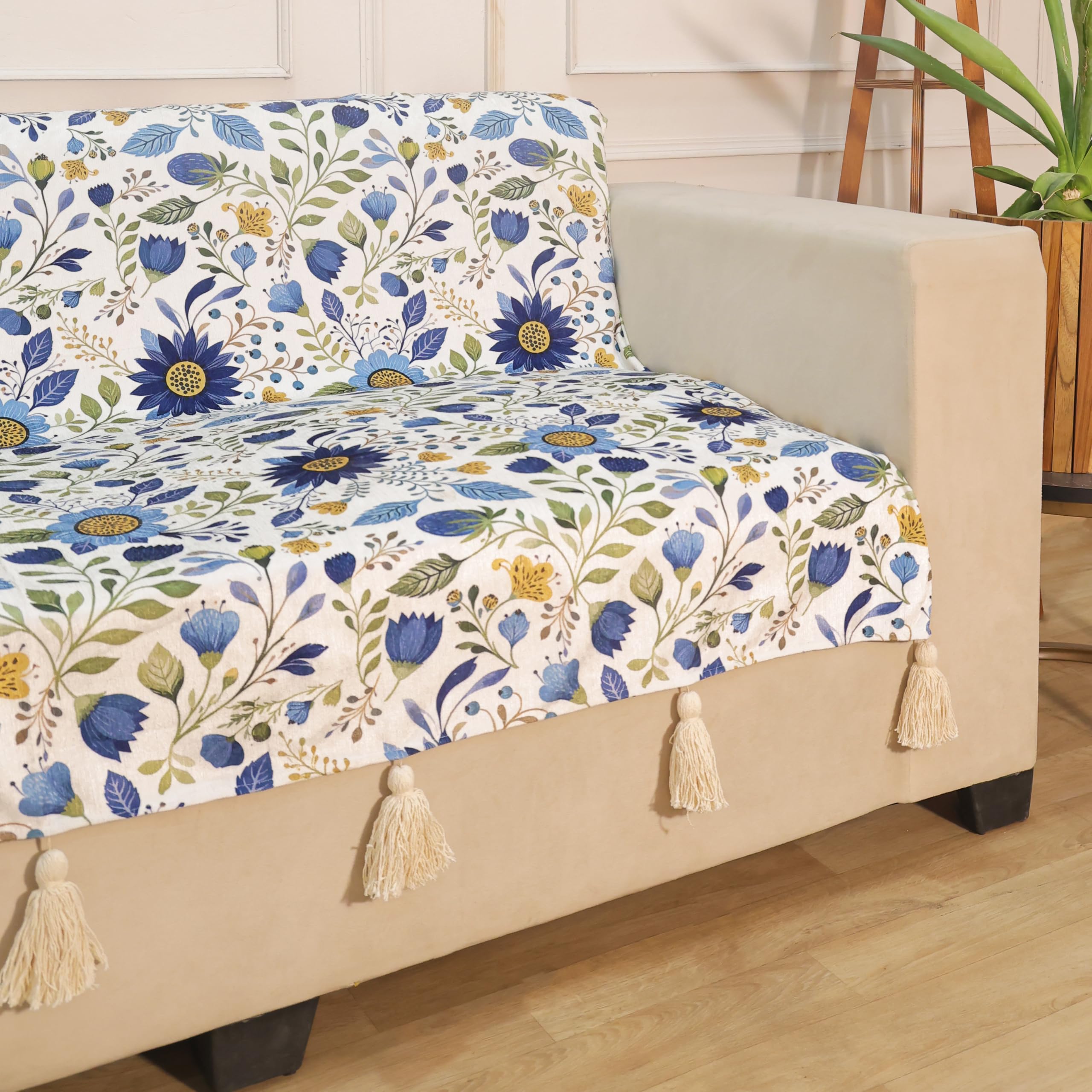 STITCHNEST 'Eden Weaves Collection Series' 1 Seater Sofa Cover – Full Coverage| Elegant Woven Fabric, Decorative Tassels, Washable & Durable for Modern Living
