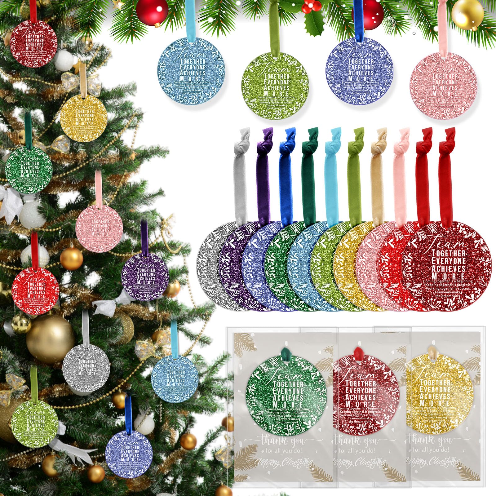 Kasyat 60 Sets Christmas Thank You Ornaments Employee Appreciation Gifts Acrylic Hanging Ornaments Bulk with Card and Bag for Coworker Team Nurse Teacher Xmas Tree Decor (Team Sign)