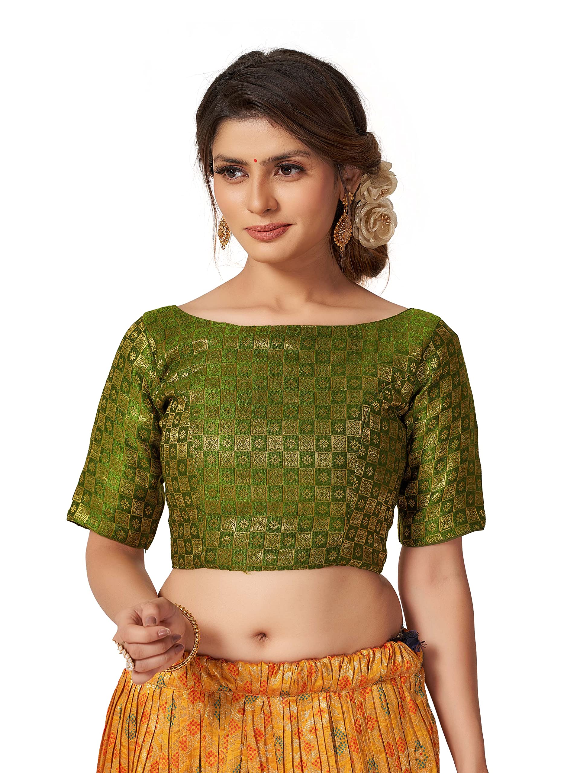 HIMRISE Blossoms New Fancy Self Design Boat Neck Woven Brocade Half Sleeve Ready to Wear Exclusive Saree Blouse for Women
