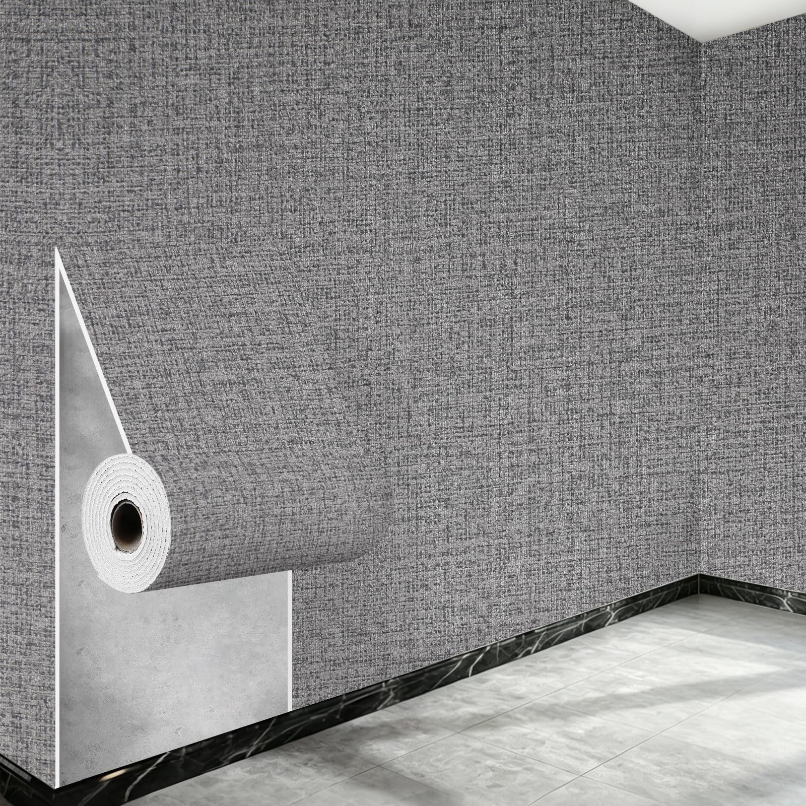 Anttyscar 5Roll 3mm Thick Thermal Insulation Black Grey Self-Adhesive Linen Textured Effect Wallpaper Room Cold-Proof Wall Panels Peel and Stick Wallpaper, Waterproof PE Foam for Living Room, Bedroom — image 1