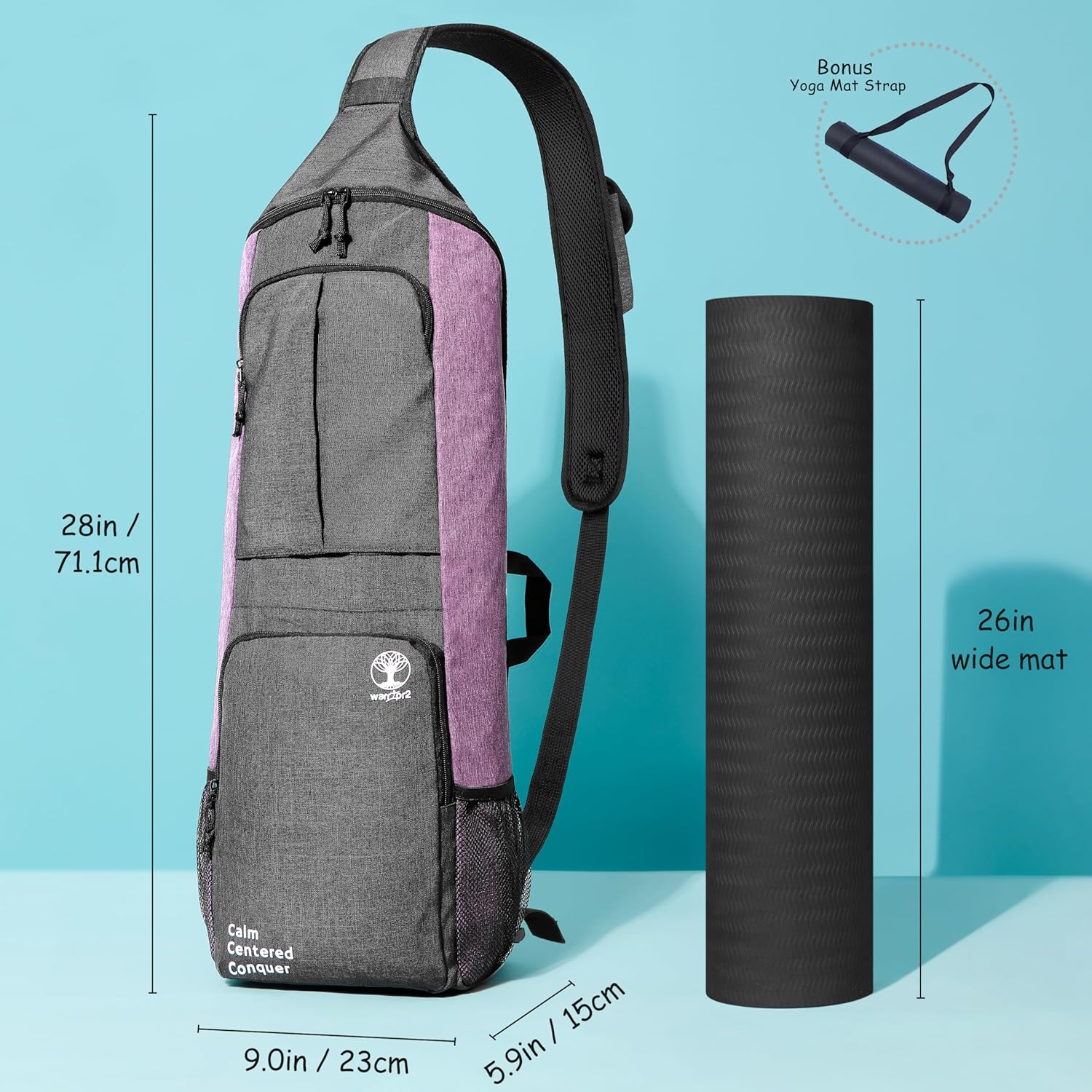 Yoga Mat Bag Carrier - Large Pockets & Water Bottle Holders. Yoga Backpack Fits 0.5" Thick x 26" Wide Mats. Hands-Free, Left-Right Switchable, Yoga, Gym, Cycling - Image 3
