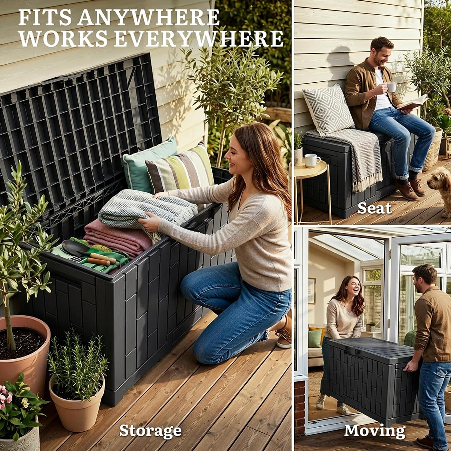 YITAHOME 60 Gallon Outdoor Storage Box, Waterproof Resin Deck Box with Slide-Locking Lid, Patio Storage Bin and Bench Seat for Patio Furniture, Garden Tools and Pool Accessories, Black