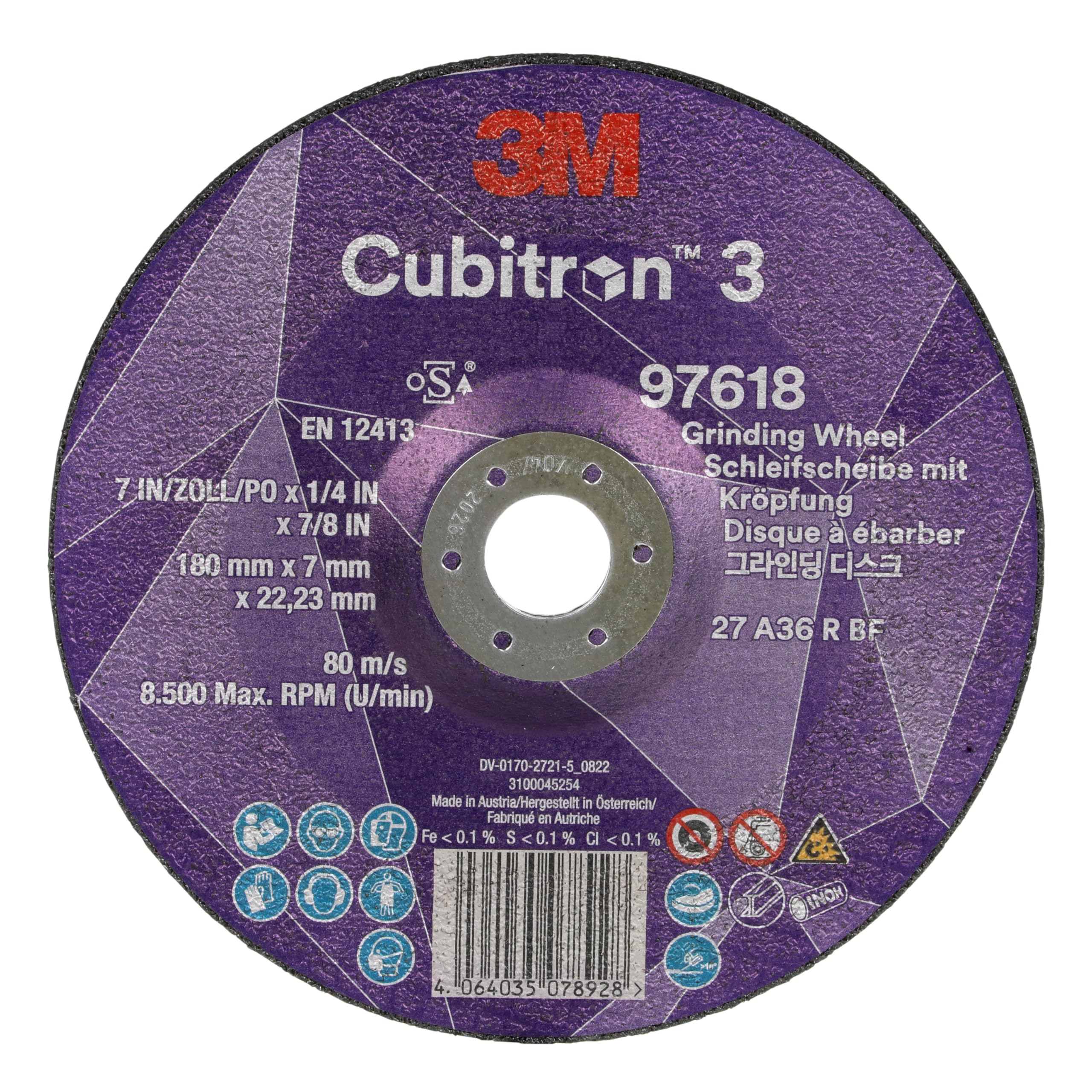 3M Cubitron 3 Disco de Desbaste con Centro Hundido, 97618, 36+, T27 | 180 mm x 7 mm x 22.23 mm, Especial para Ranurado EN, Paquete de 10 Unidades