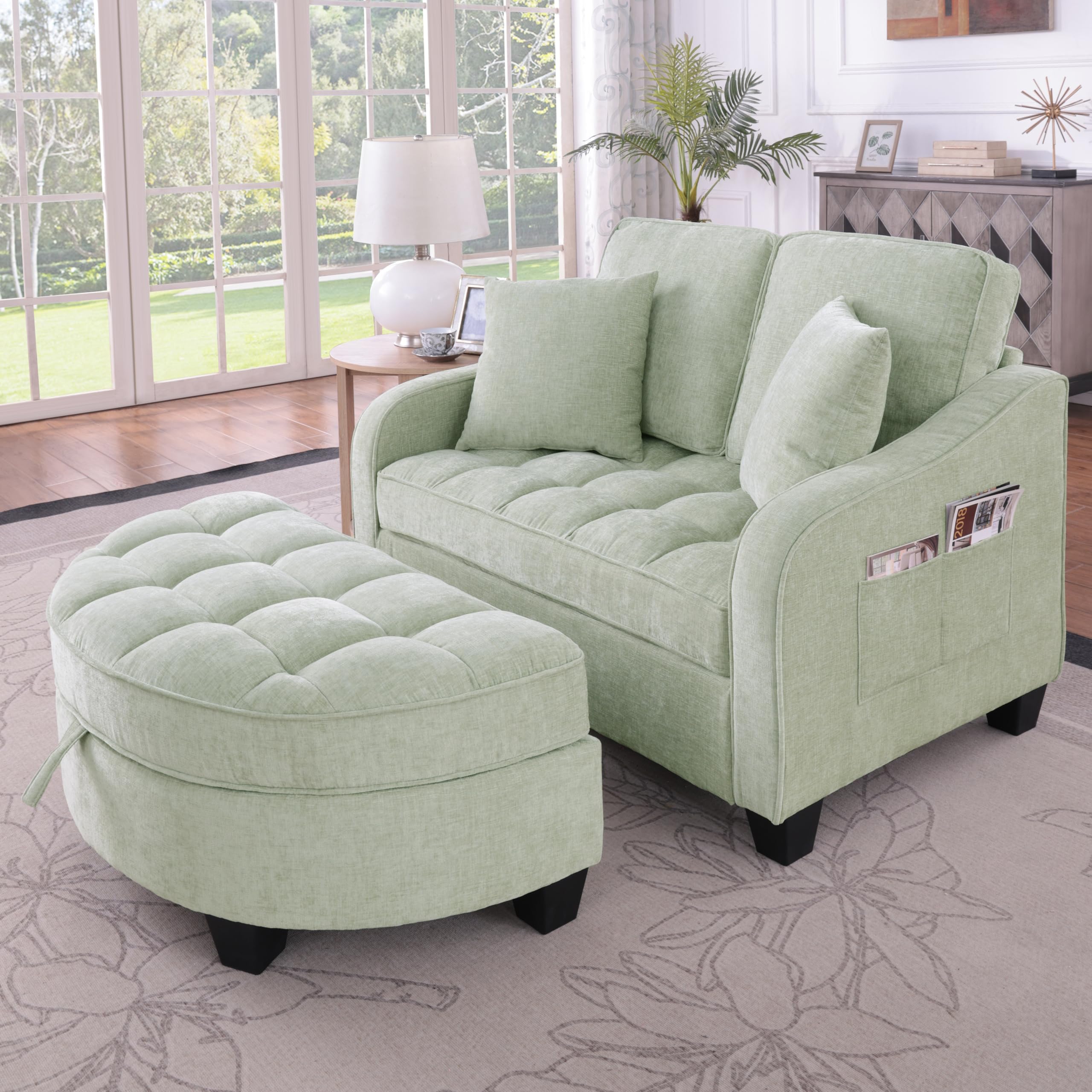 Sofa mit mit Aufbewahrungs-Hocker, Schlafsofa mit Verstellbarer Rückenlehne und Kissen, Klein Sofa, für kleine Wohnzimmer,Studienzimmer,Schlafzimmer,Grün