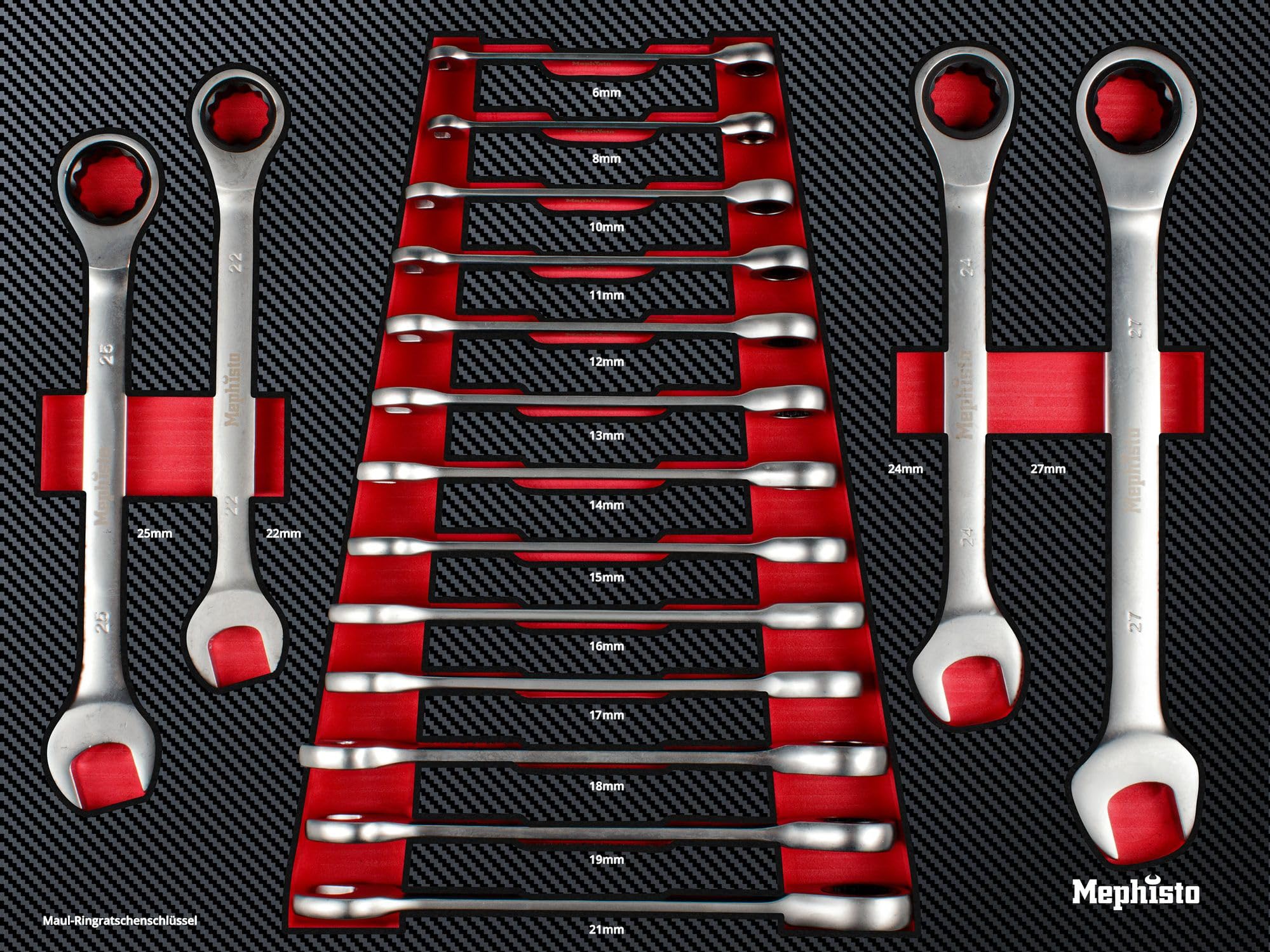 Mephisto 7 Werkzeugwageneinlagen Set mit Werkzeug wie Ratschen- Set, Ratschenringmaulschlüssel, Ringschlüssel mit Ratsche Funktion, Knarrenschlüssel, metrisch, in Soft Inlay mit Carbon Lock