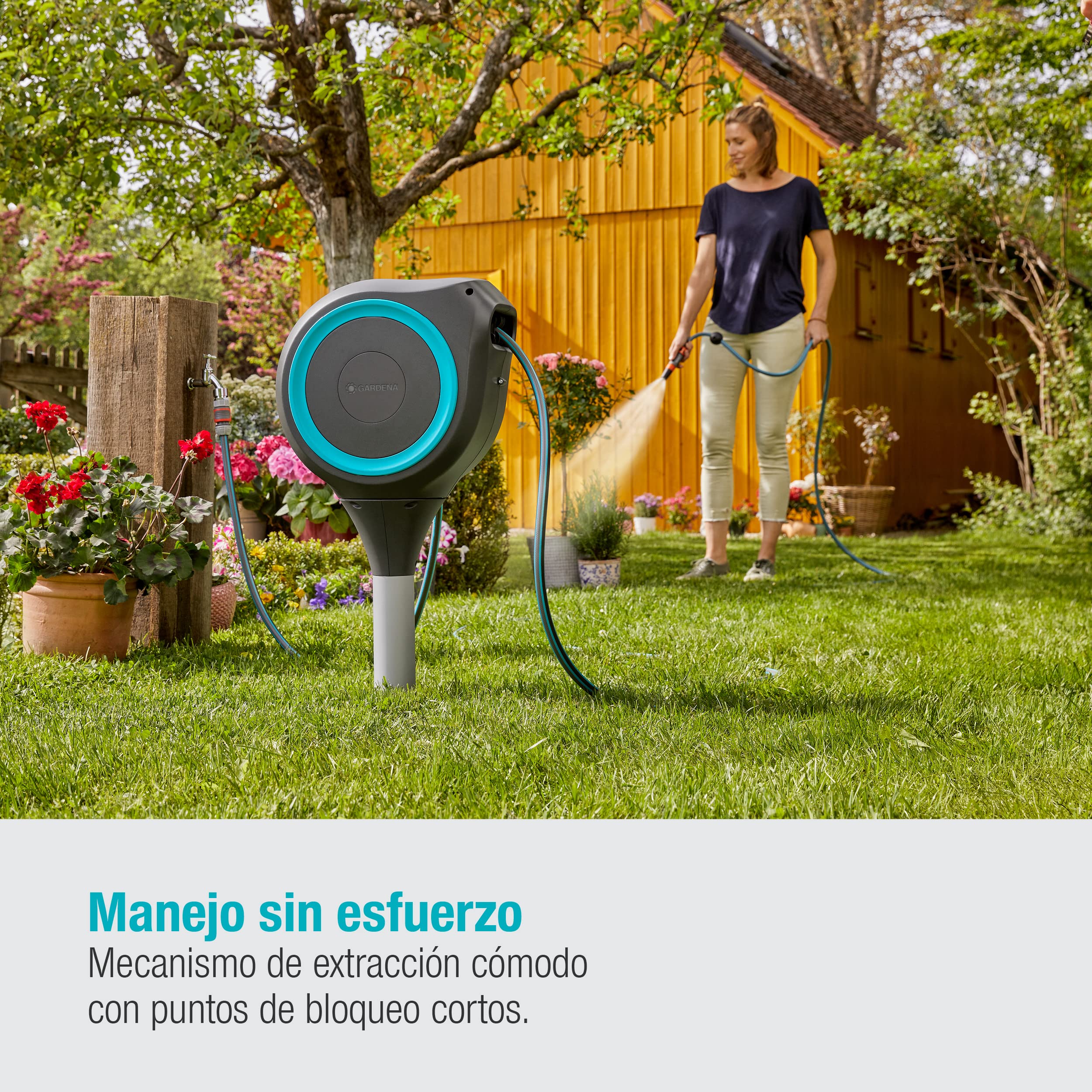 Gardena Carrete de manguera para jardín RollUp S (turquesa) de 15 m: carrete giratorio, guía manguera integrada, incluye manguera calidad Gardena 15m, fijación tierra y auxiliar de montaje (18604-20)