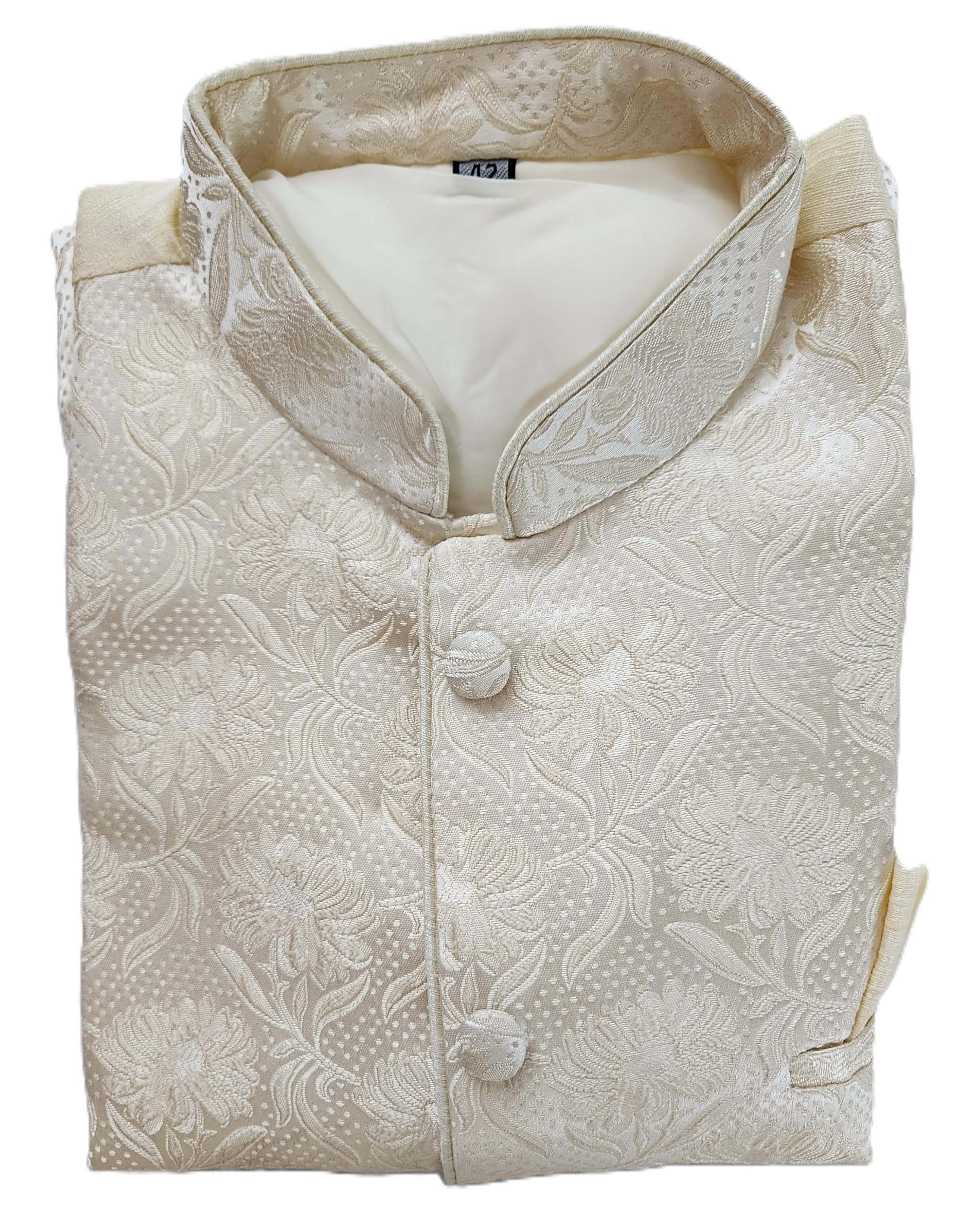 Estationeryhouse Men's Offwhite Indian Pakistani Silk Waistcoat, Modi Jacket, Nehru Style, Fancy Koti, Ethnic Outfit, Brocade Material (Uk, Numeric, 48, Regular, Regular, )