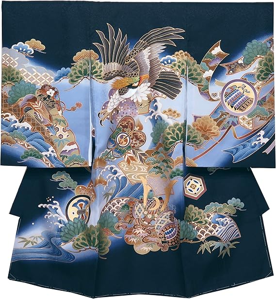 Amazon Co Jp 産着 お宮参り 男の子 正絹 赤ちゃん お祝い着 初着 ベビー 着物 男児 紺 鷹に軍配 Kmbu03 N 服 ファッション小物