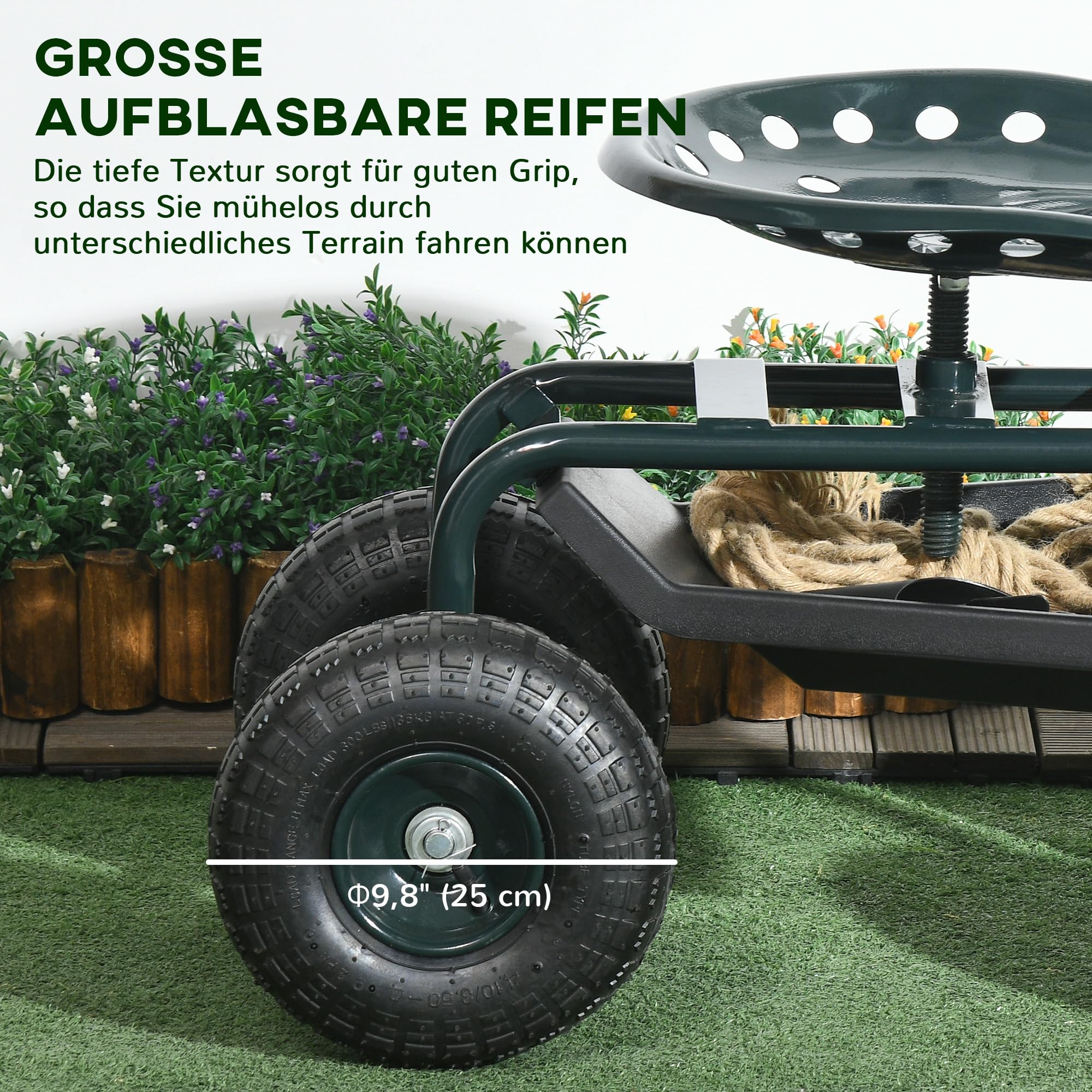 Outsunny Rollsitz Werkstattwagen mit Ablage Korb fahrbar Rollwagen drehbar Arbeitssitz Gartenrollsitz Richtung für kleine Gartengeräte Stahl Grün