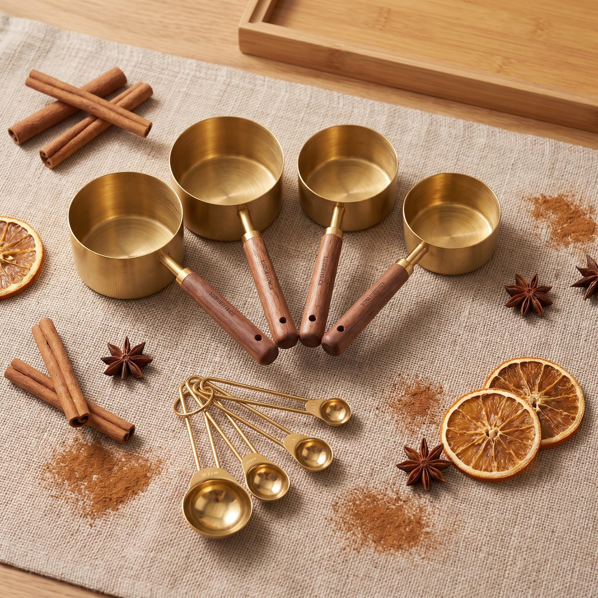Juego de 8 tazas y cucharas medidoras doradas para cocinar y hornear.