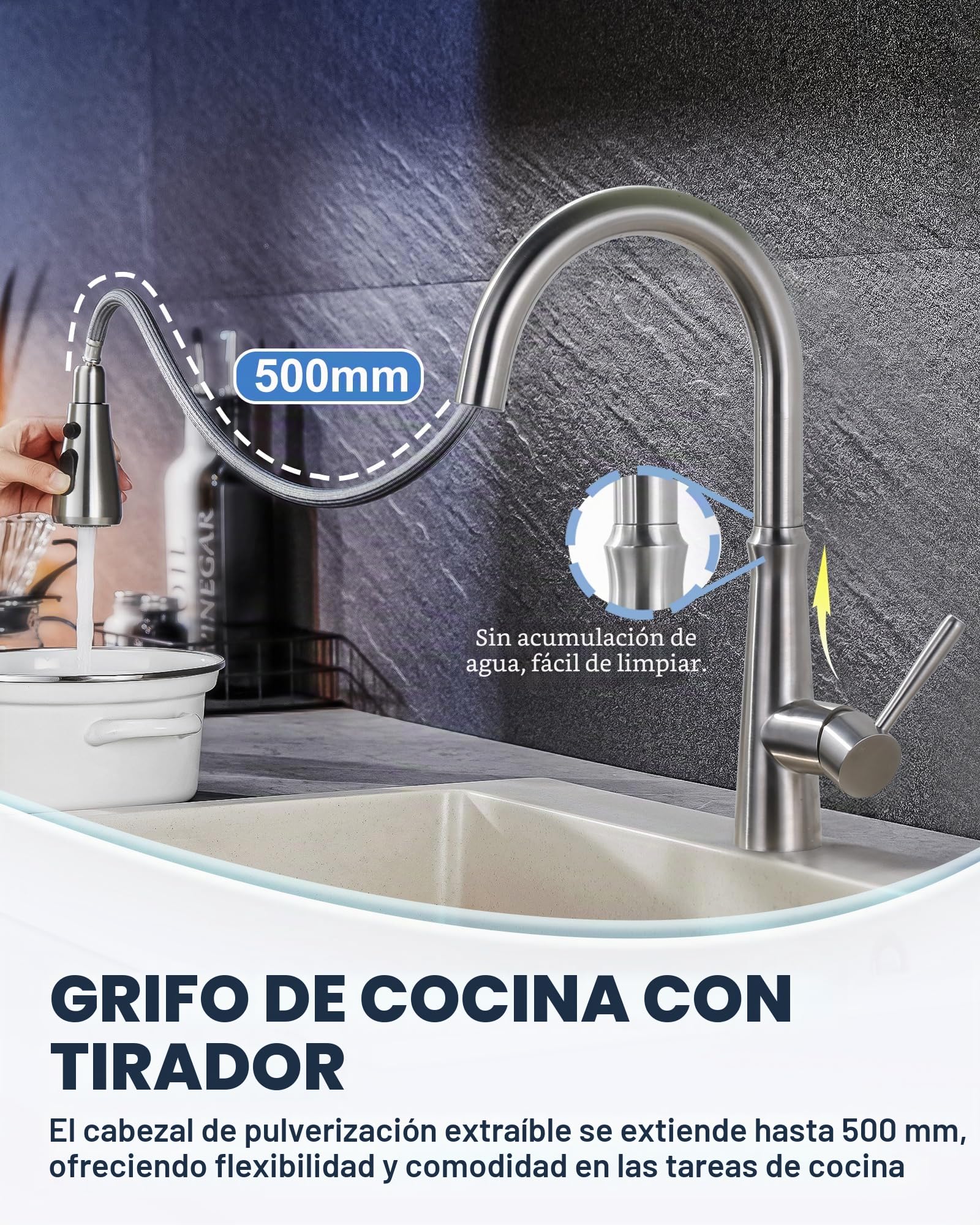 Grifo de cocina extensible, alta presión, acero inoxidable, giratorio 360°, grifo de cocina con 2 tipos de chorro