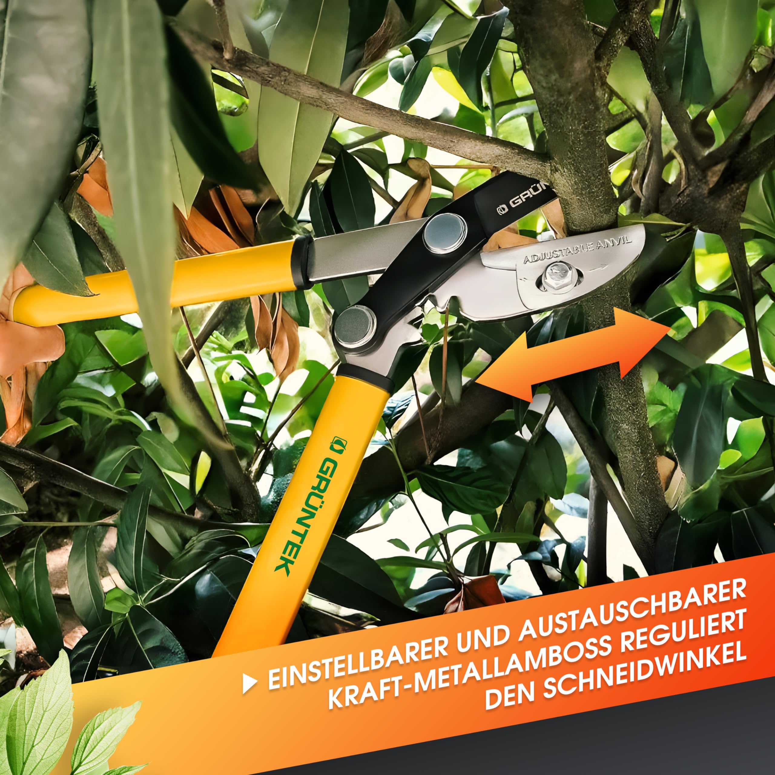 GRÜNTEK GRIZZLY Astschere mit Metall-Amboss, SK5-Stahl & Antihaftbeschichtung – 60mm Klingenlänge, 2-fach-Getriebe Baumschere, Antirutsch-Griffe, ergonomisch, Heckenschere