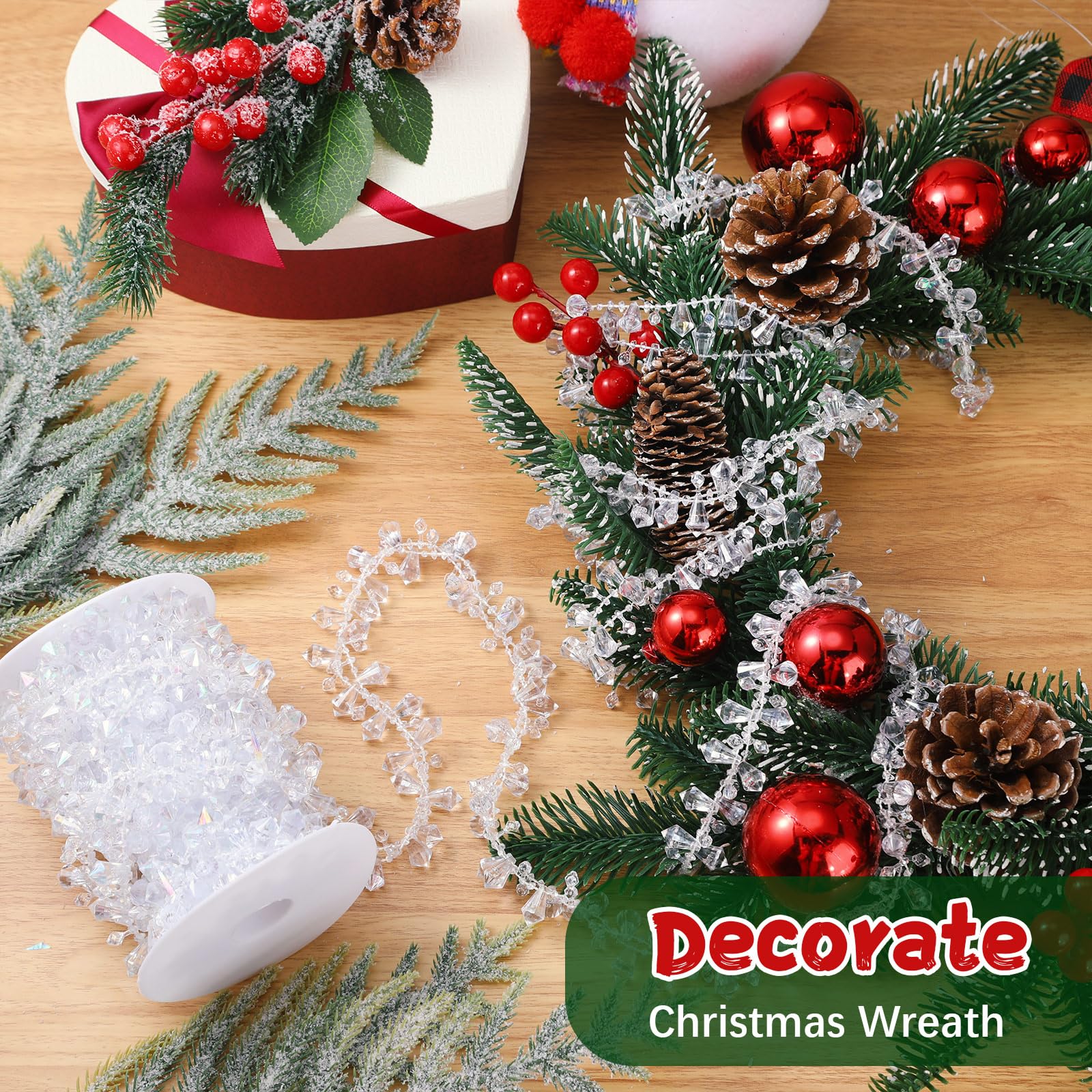 Bucherry 6 m lange Weihnachtsgirlande aus Acryl, Weihnachtsgirlanden, zum Aufhängen, rustikaler Weihnachtsbaumschmuck, gedrehte Perlenschnur, Ornamente für Hochzeit, Party, Dekor (klar schillernd)