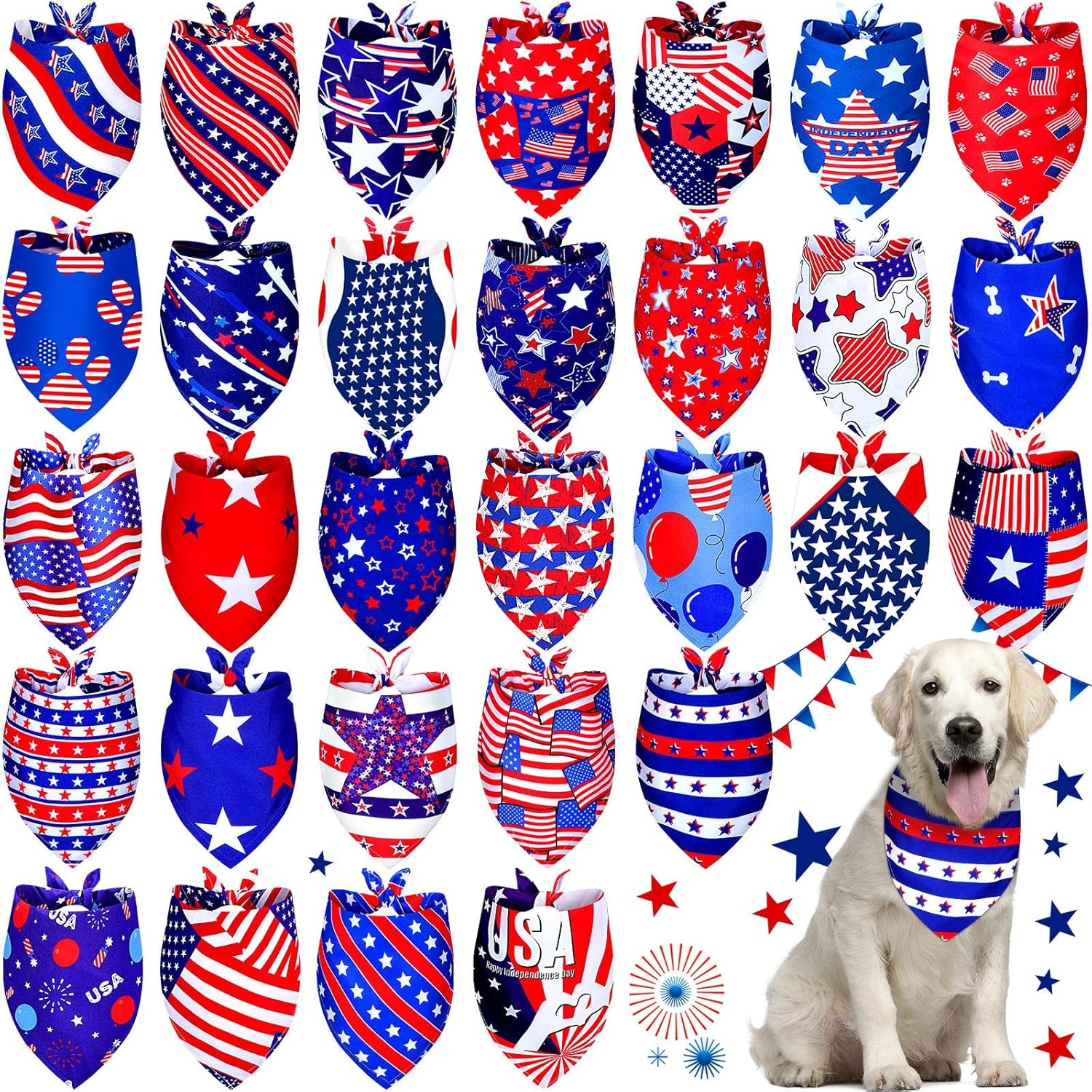 Loopeer 30 Pcs Dog Bandanas Bulk Pet Bandanas Scarf Gifts Triangle Reversible Adjustable Washable for Pets Cats Dogs(Flag Pattern, X-Large)