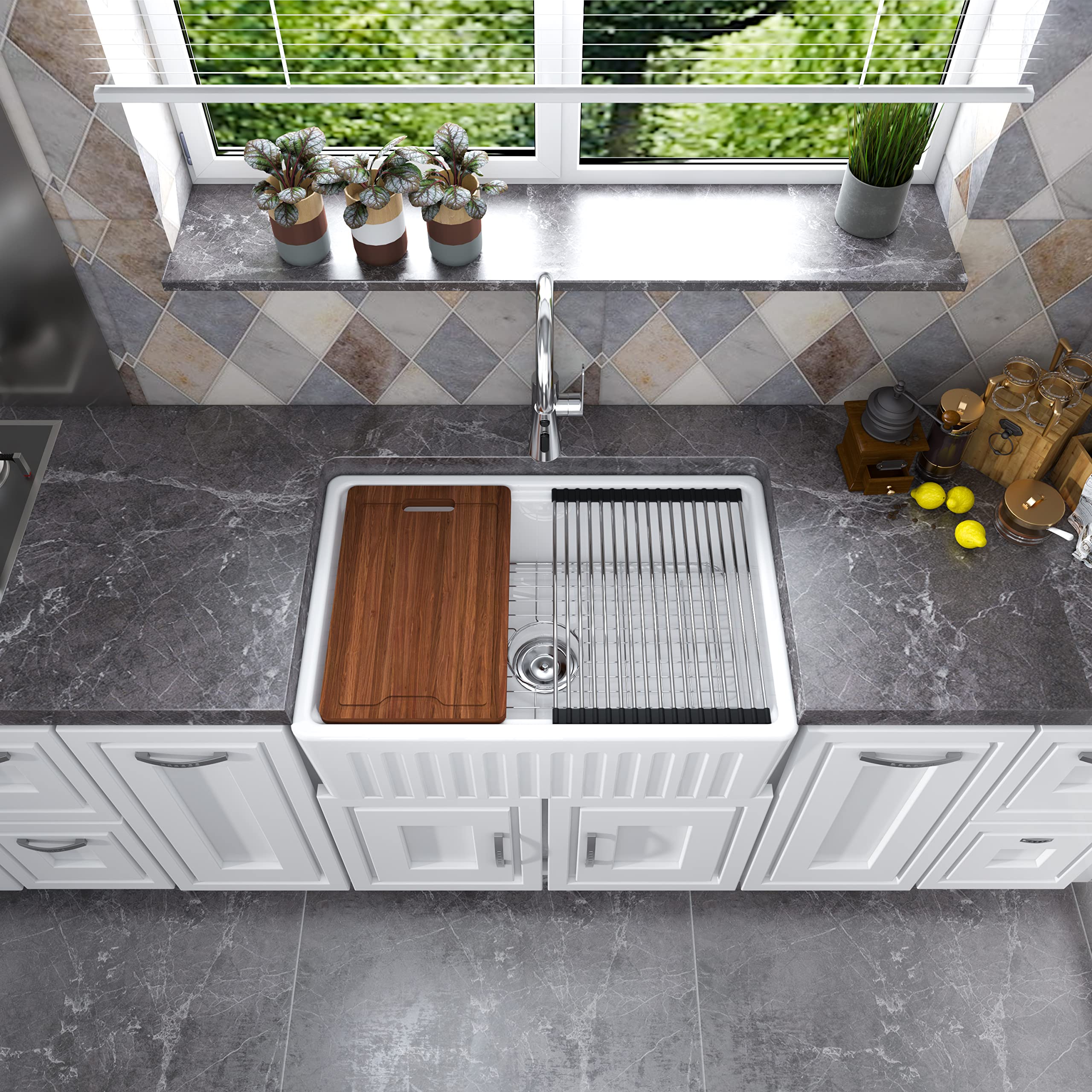 MEJE 76.2 x 50.8 CM Grembiule-front Rim Rim Workstation Farmhouse Lavello da cucina, ciotola singola in ceramica con tagliere, griglia e filtro - bianco
