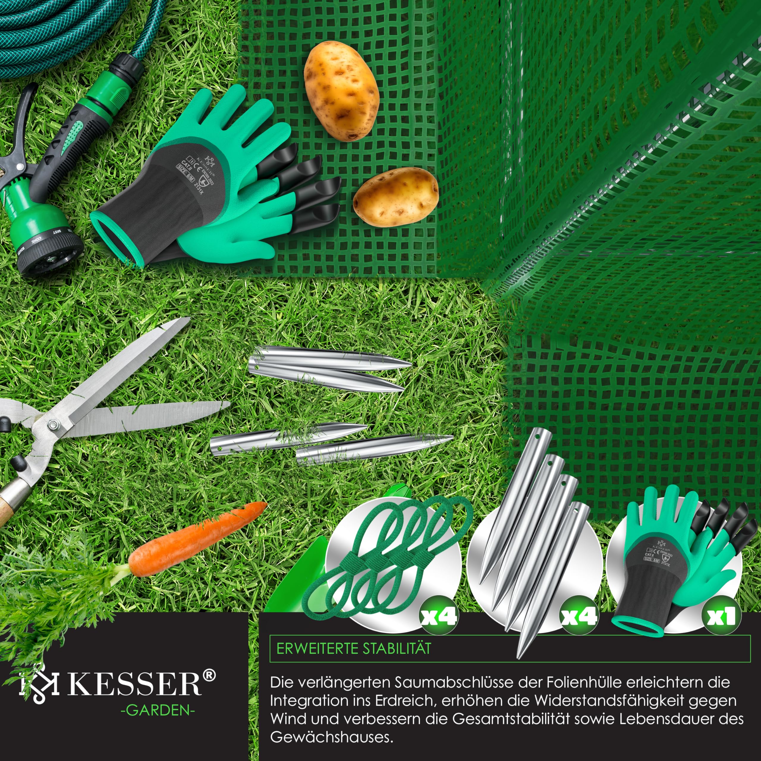 KESSER® Invernadero Estable con 6 Ventanas con mosquitera y Puerta, túnel de jardín con Marco de Acero galvanizado, 170 g/m², Incluye Guantes y Cuerdas, 200 x 300 cm, Color Verde