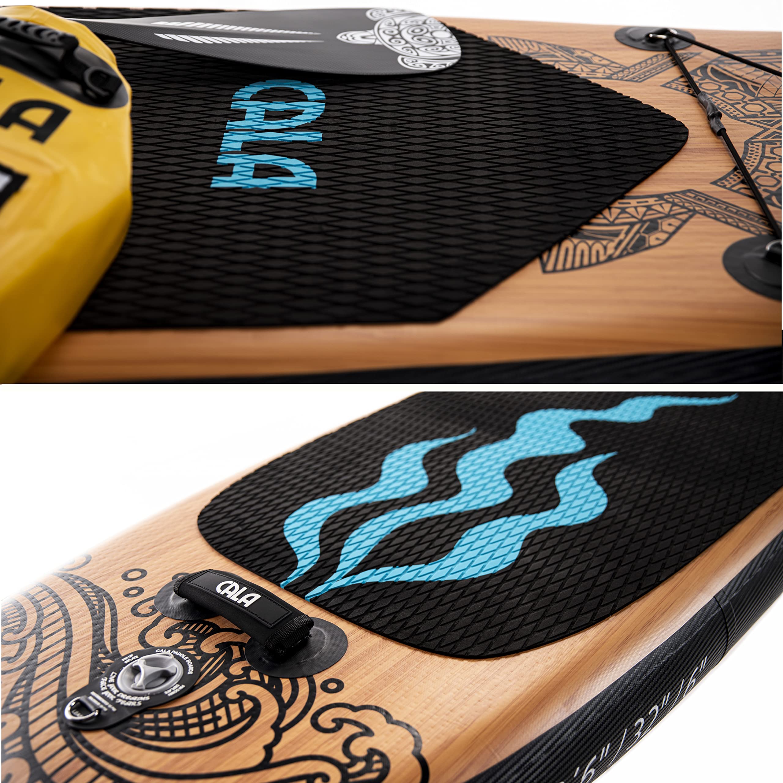 CALA 2026 Stand-Up-Paddling Board Set im Rucksack-Trolley, i-SUP aufblasbar, Robustes Surfboard mit Seegras-Anteil, leichtes Voll-Carbon Paddel, Reparatur Kit, Pumpe, 3 abnehmbare Finnen, Ventil