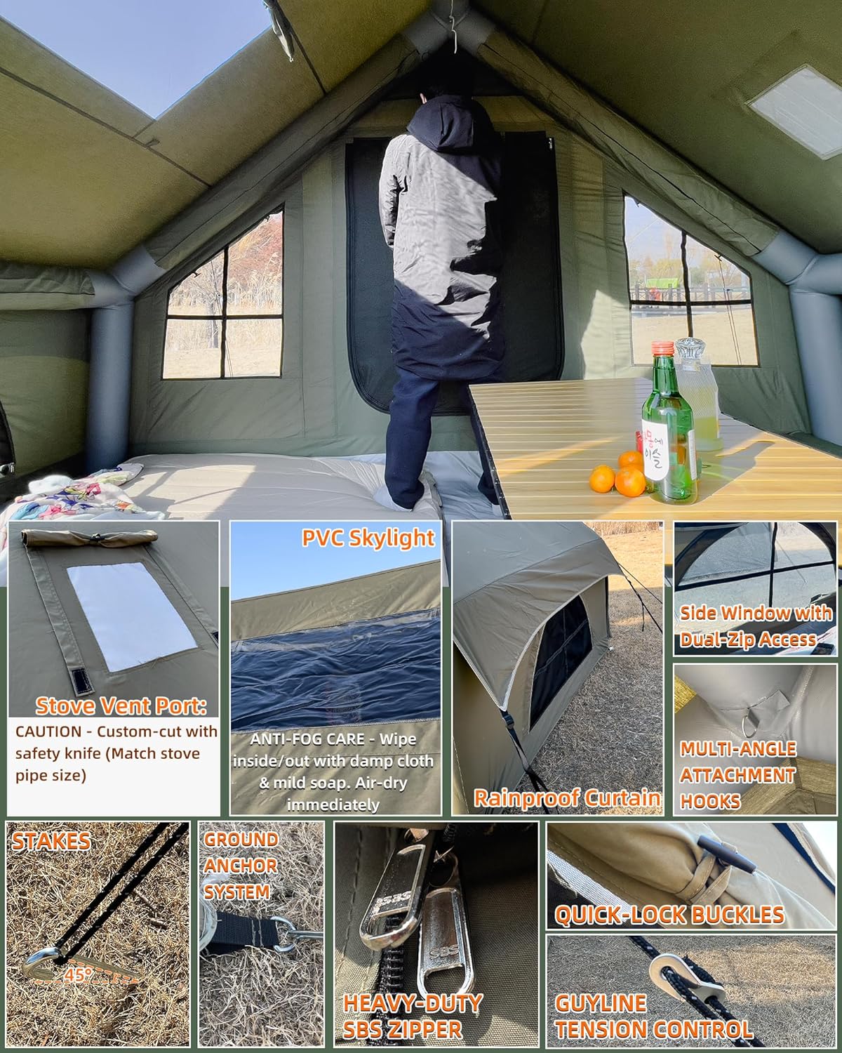 Cotton Inflatable Camping Tent, 2-4 Person, Windproof Glamping Design with Skylight, Instant Setup (2~4person(10.2'L X 8'W X 7'H)-Green)