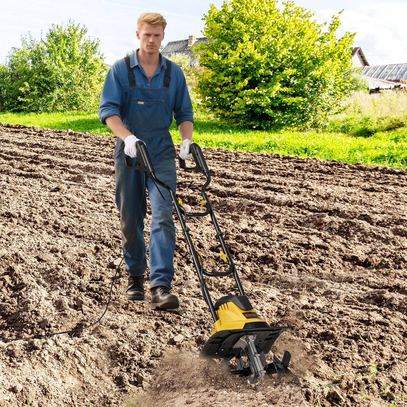 COSTWAY Motoazada Eléctrica, Rotocultivador Plegable Potente con Ancho de Labranza de 36cm y Profundidad de Trabajo de 22cm, Máquina de Jardinería para Excavar Suelo de Césped (Amarillo,1200W)