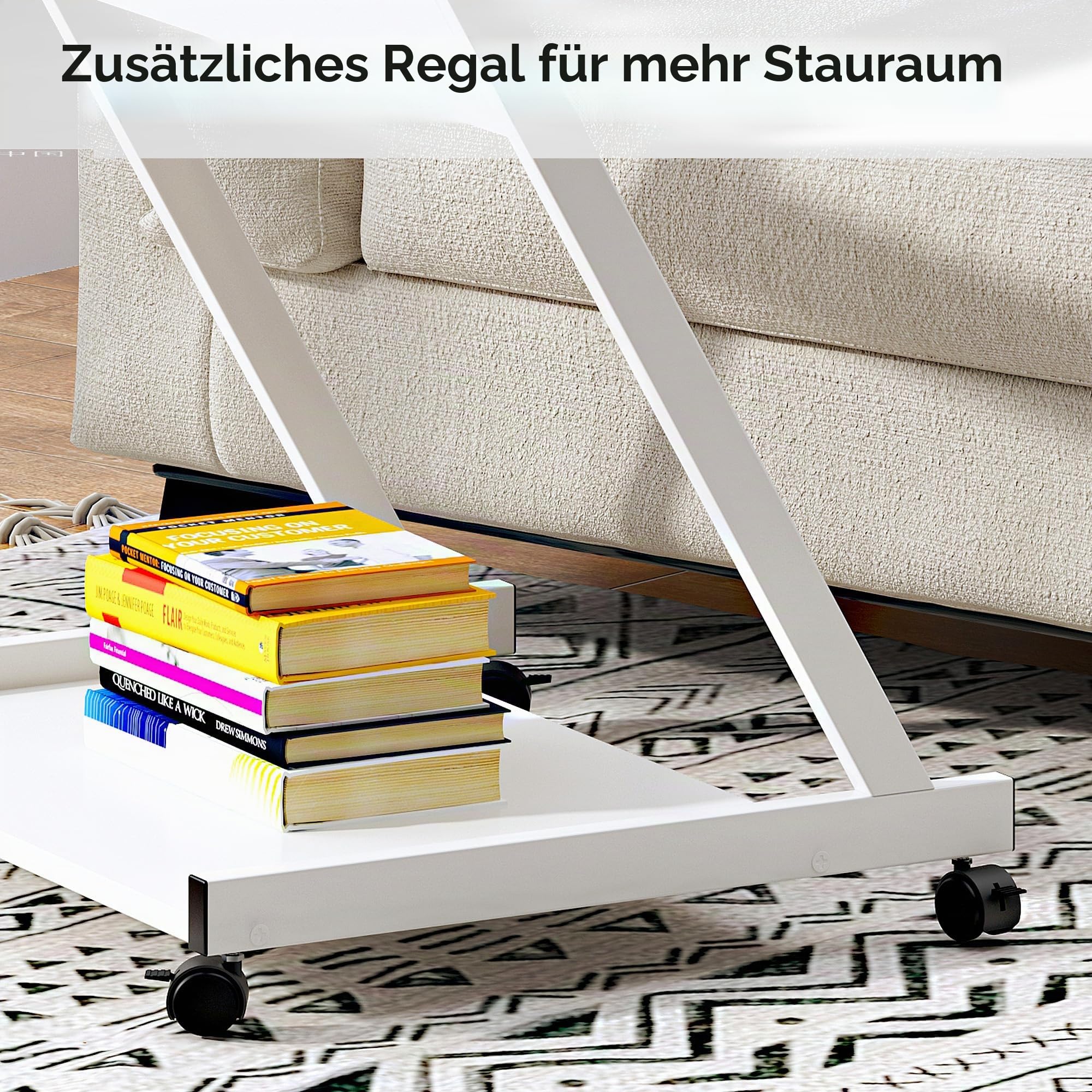 soges Schreibtisch Kleiner Computertisch Laptoptisch PC Tisch Z-Form mit Rollen und 2 Bremsen, Tastaturablage und CPU Ständer, 60 cm x 48 cm x 73 cm