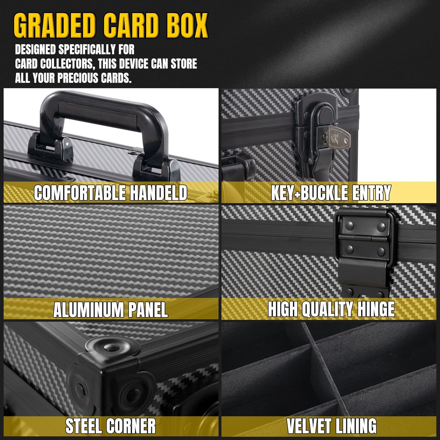 Toploader Storage Box for 3x4 35pt Rigid Cards, Top Loader Cards – Holds 600+ Top Loaders - Aluminum Alloy Trading Card Case, Sports Card Storage Box with Lock (Large Carbon Fiber)