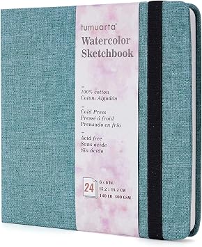 tumuarta Square Watercolor Sketchbook, 6x6, 140 LB, 300GSM, 100% Cotton Paper, Cold Press, 24 Sheets,48 Pages, Plein Air Watercolor Journal For Use As Travel Sketch book and Mixed Media Pad On The Go