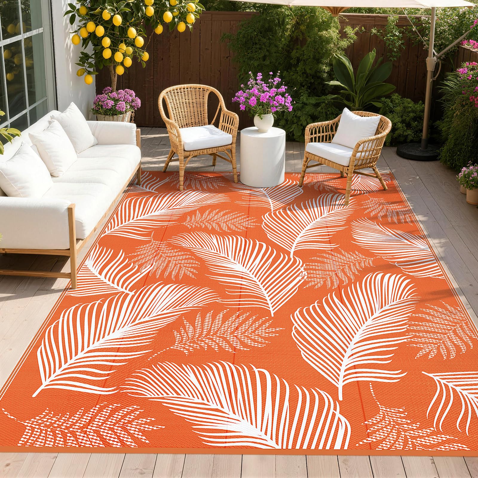 Pauwer Waterproof Outdoor Rug 9x12, Reversible Plastic Straw Patio Camping Rug, Indoor Outdoor RV Mat Carpet for Deck, Camper, Porch, Balcony, Backyard, Picnic, Leaf Orange โ image 1